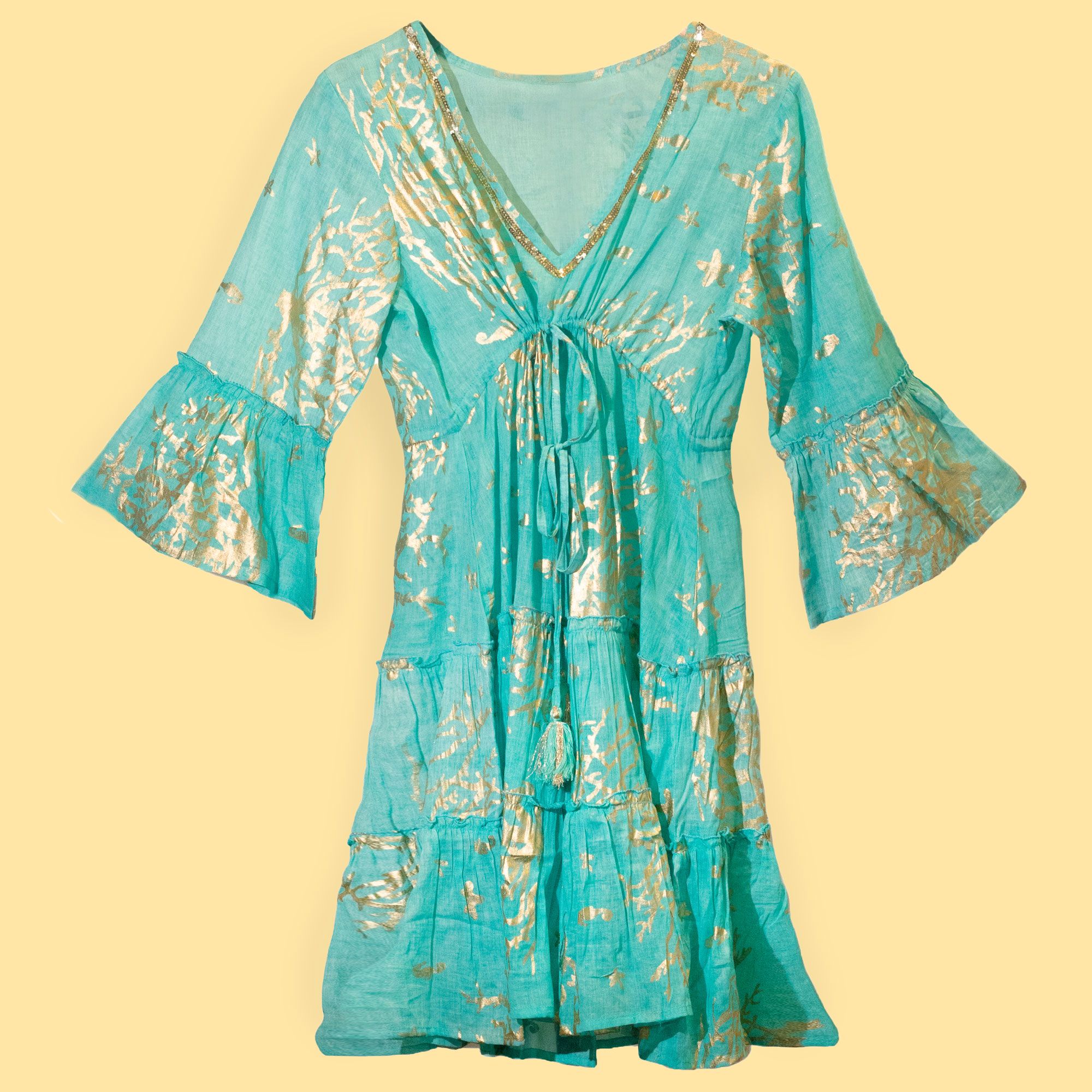 Nomad Sari Turquoise & Gold Coral Print Dress (M/L) - Image 3