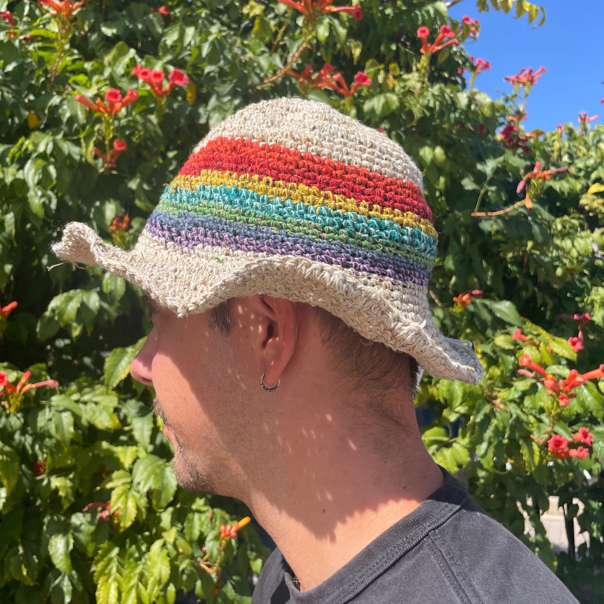 Hand-Knited Hemp & Cotton Boho Festival Hat - Rainbow - Image 3