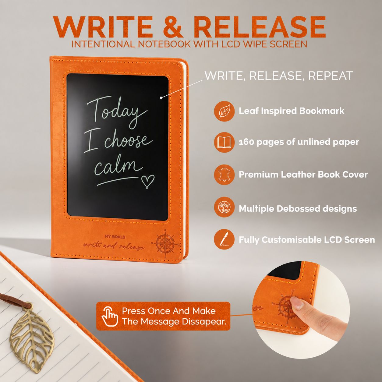 A5 Intention Note Book - LCD Wipe Screen - Orange Leather Effect - 160 Pages - Image 14