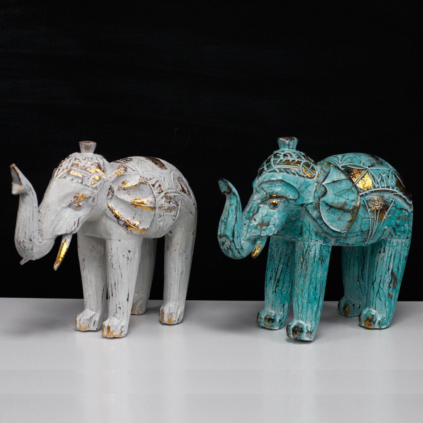 Wood Carved Elephant - Turquoise Gold - Image 6