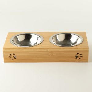 PAW Food Bowls - Double Stainless Steel in Wooden Stand - 2x12cm