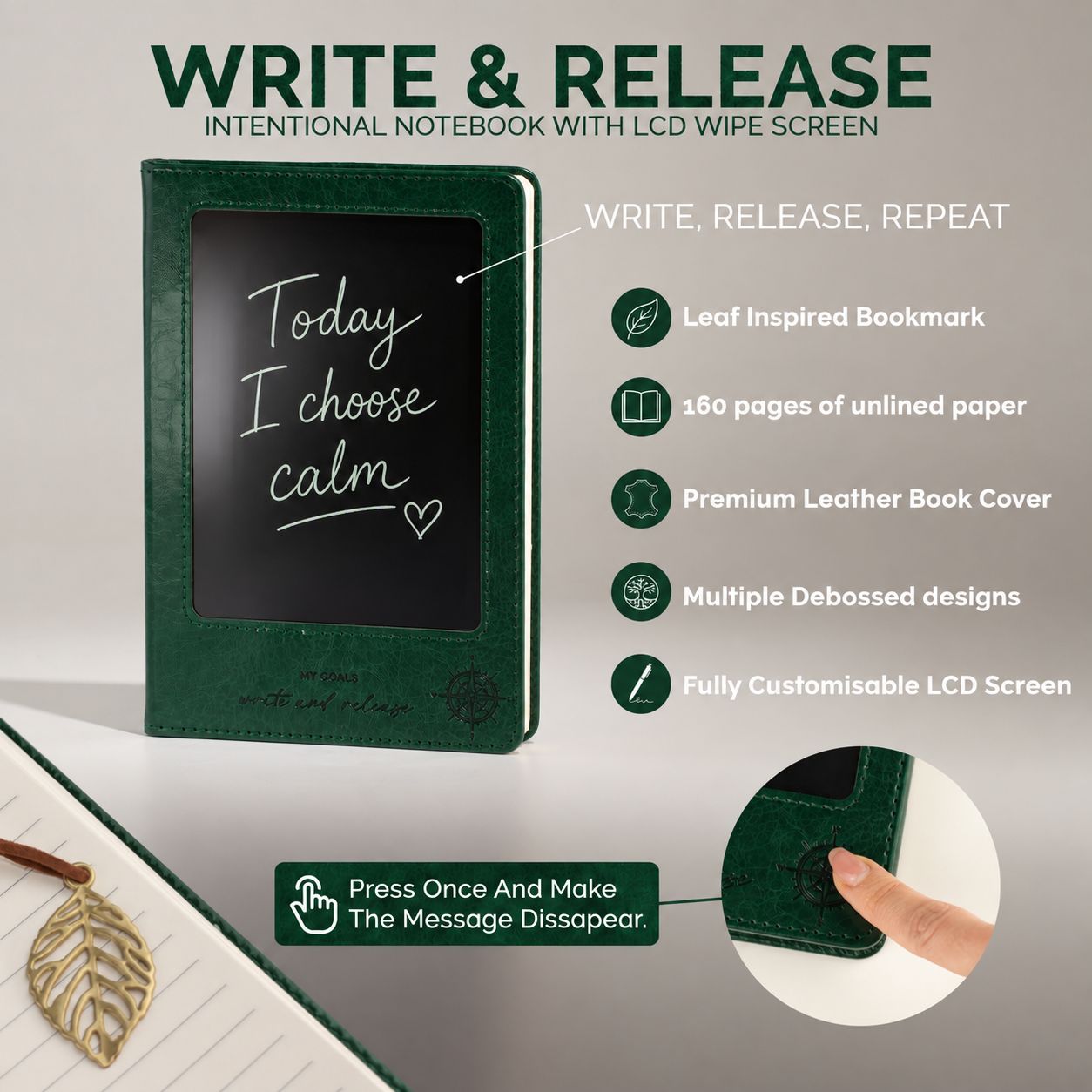 A5 Intention Note Book - LCD Wipe Screen - Green Leather Effect - 160 Pages - Image 14