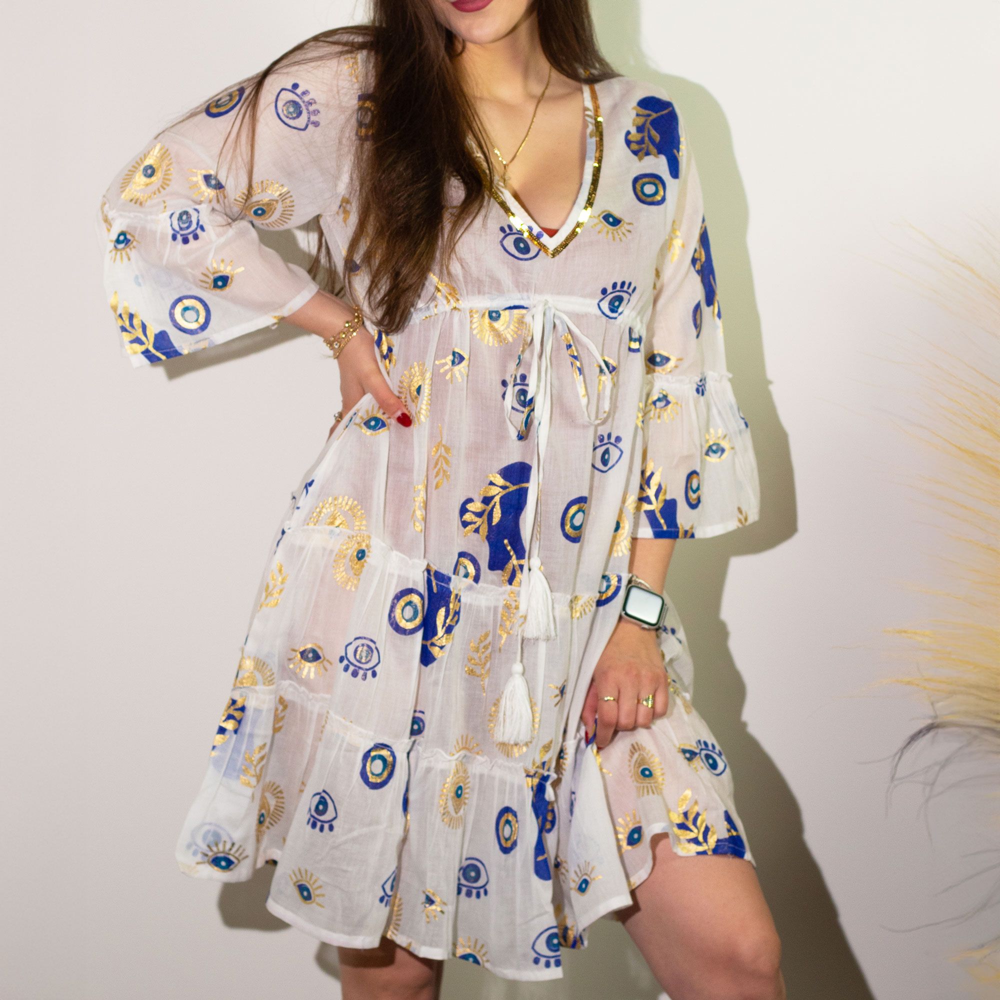 Nomad Sari Evil Eye Dress – White, Blue & Gold – Size L/XL - Image 6