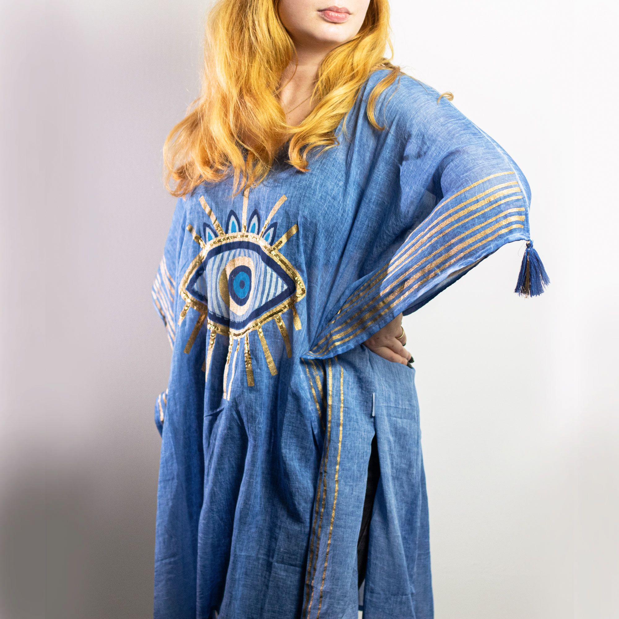 Nomad Sari Kaftan – Rich Blue & Gold Evil Eye Print - Image 3