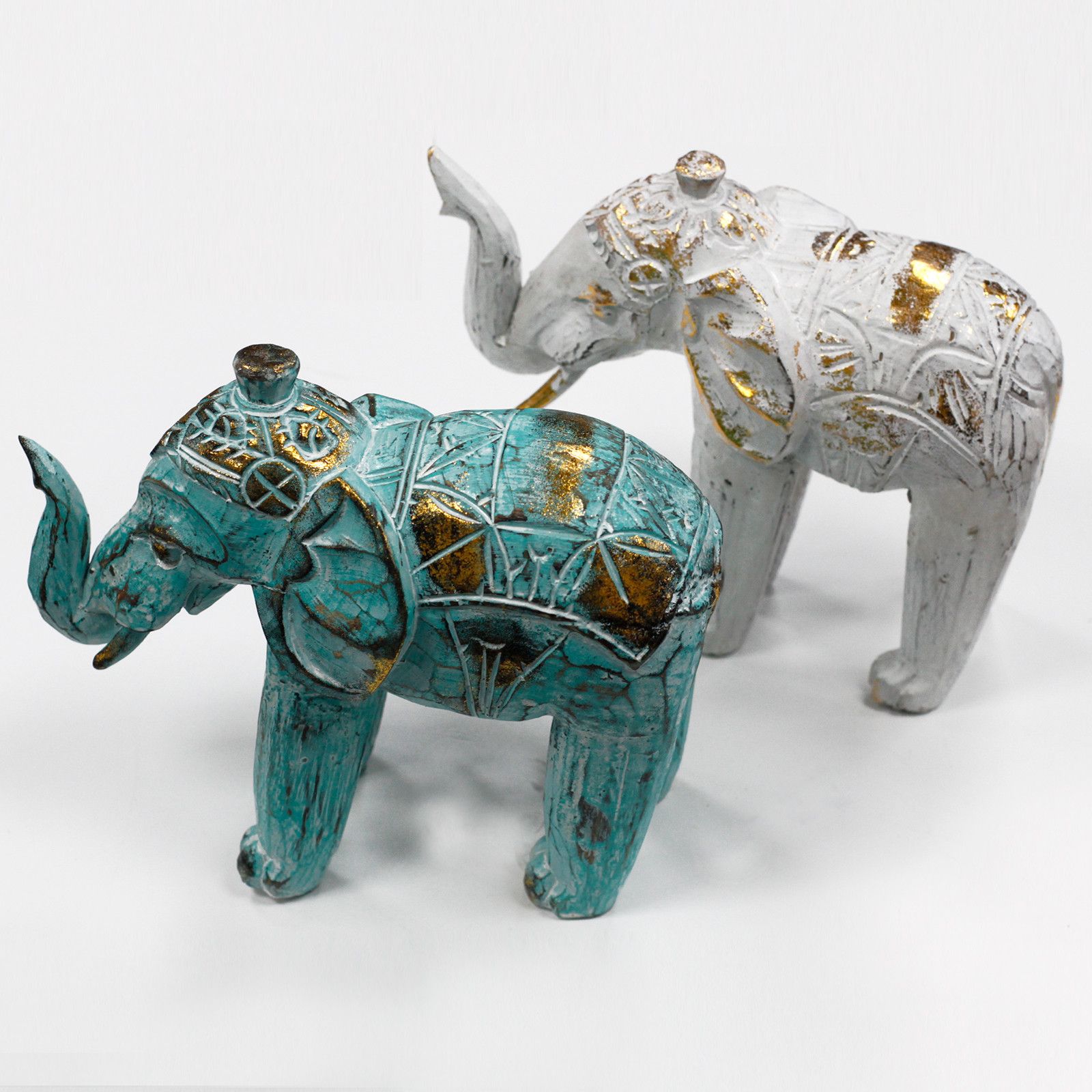 Wood Carved Elephant - Turquoise Gold - Image 5