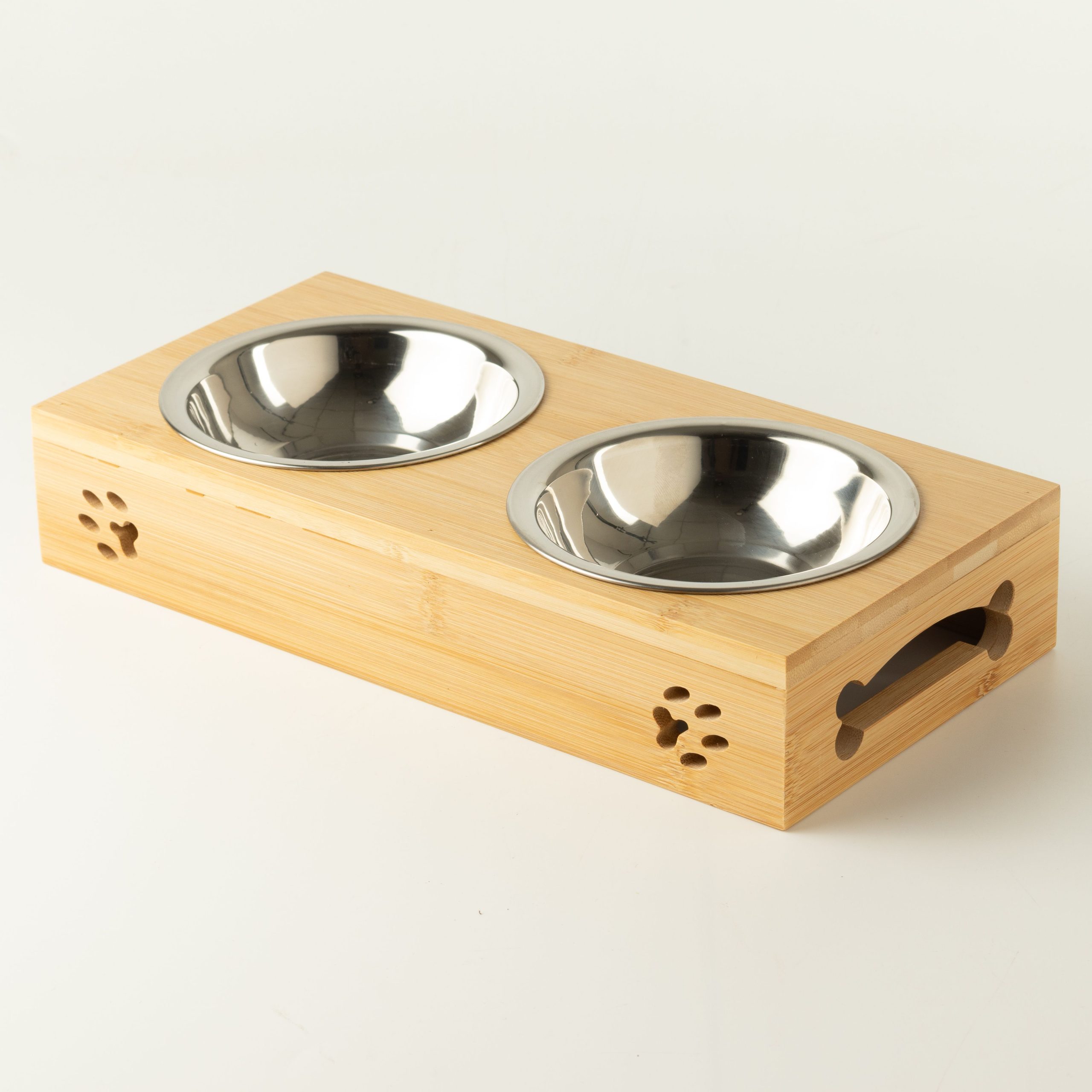 PAW Food Bowls - Double Stainless Steel in Wooden Stand - 2x12cm - Image 3