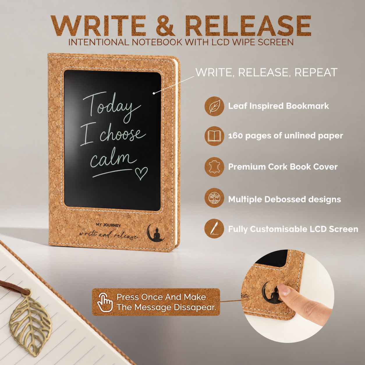 A5 Intention Note Book - LCD Wipe Screen - Cork Leather Effect - 160 Pages - Image 14