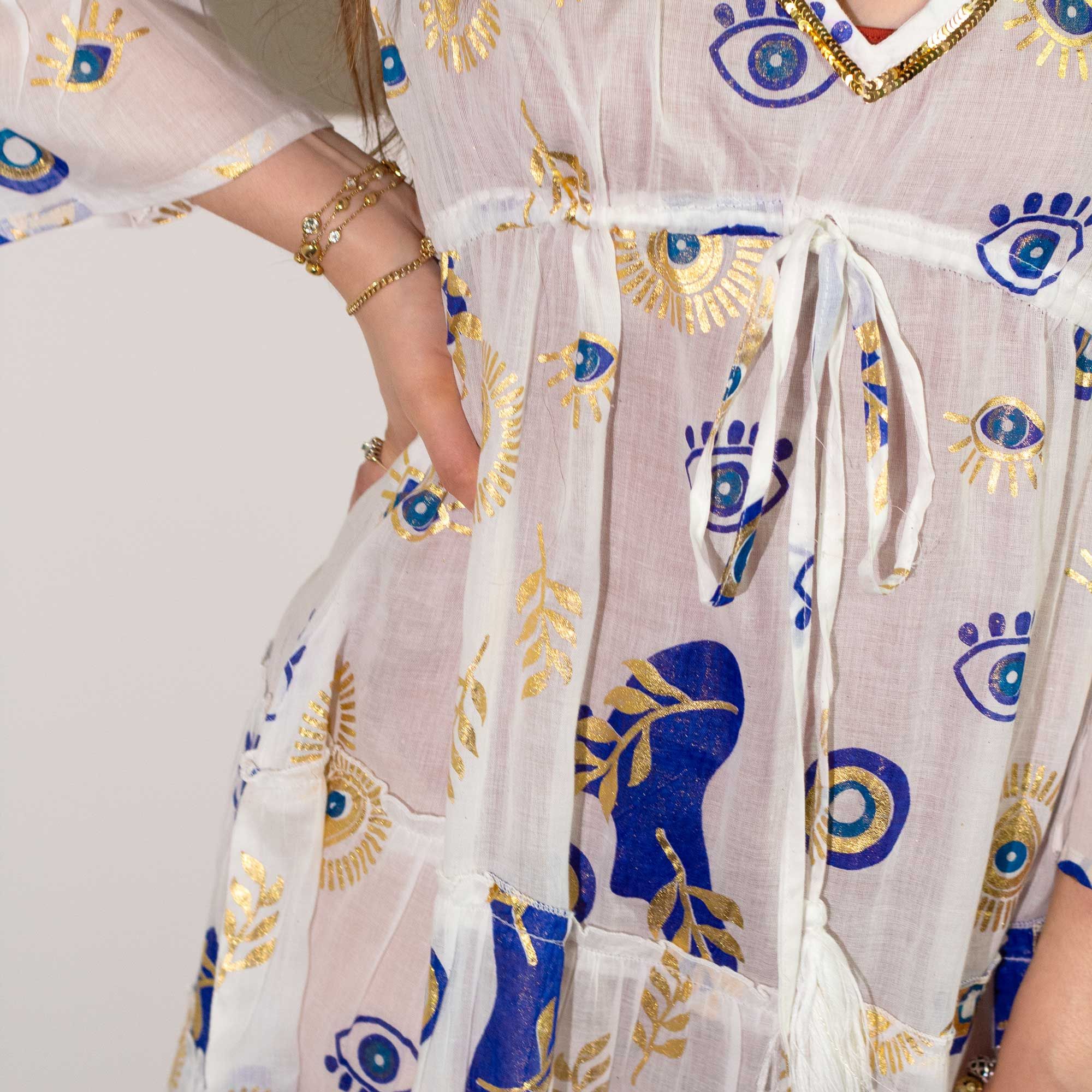 Nomad Sari Evil Eye Dress – White, Blue & Gold – Size L/XL - Image 2