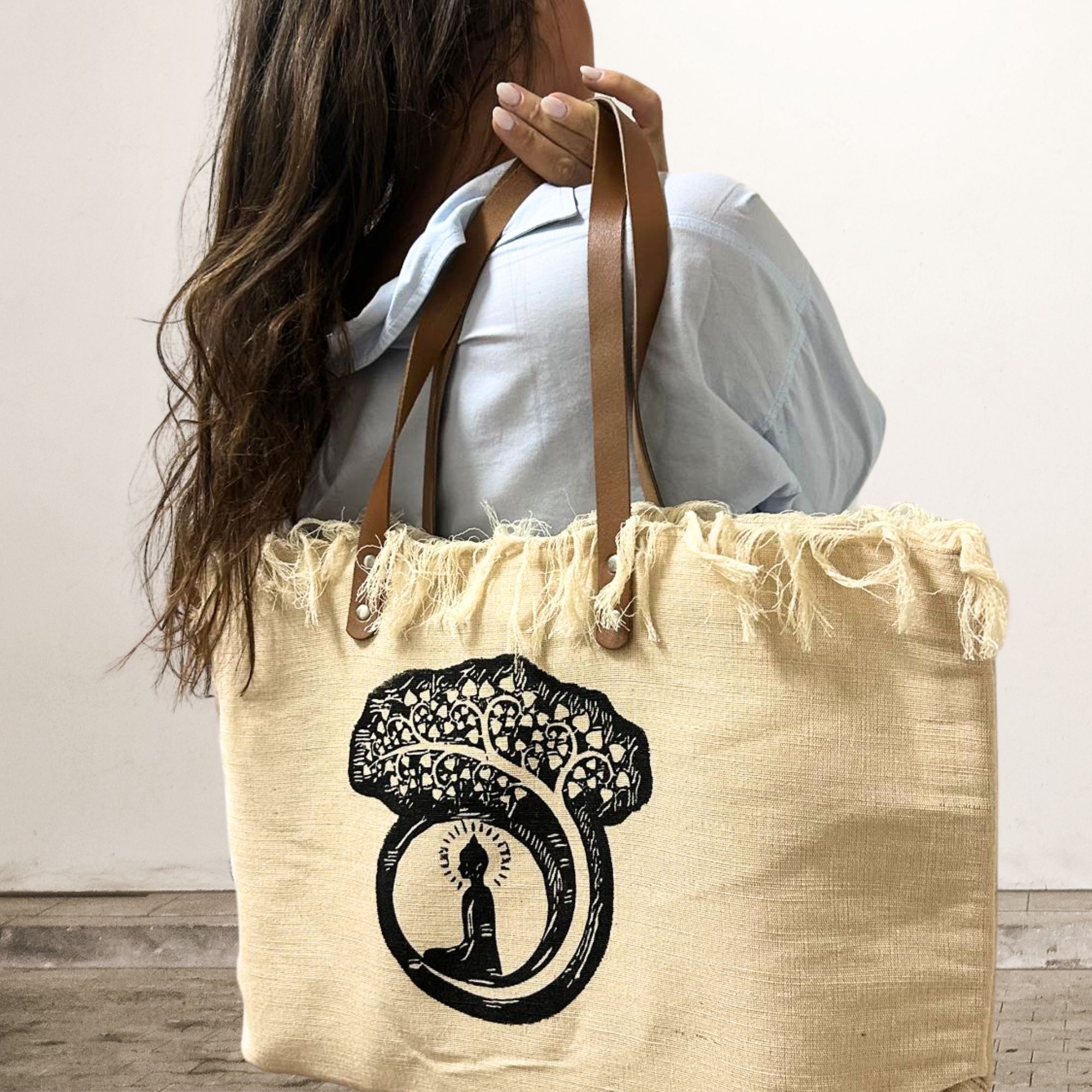 Natural Tote Bag Leather Handle - Buddha - Image 3