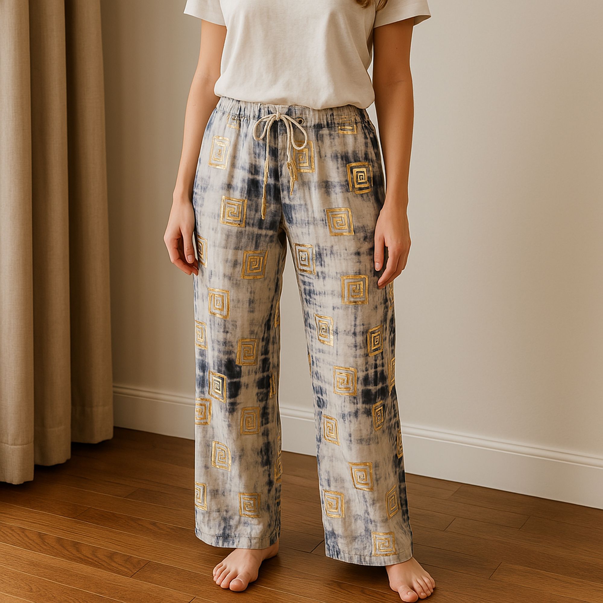 Nomad Sari Lounge Pants (M/L) – Blue Tie-Dye with Gold Greek Motif - Image 3