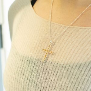 Indian Devotional Pendant - Silver Plated (45cm Chain)- Citrine Crucifix