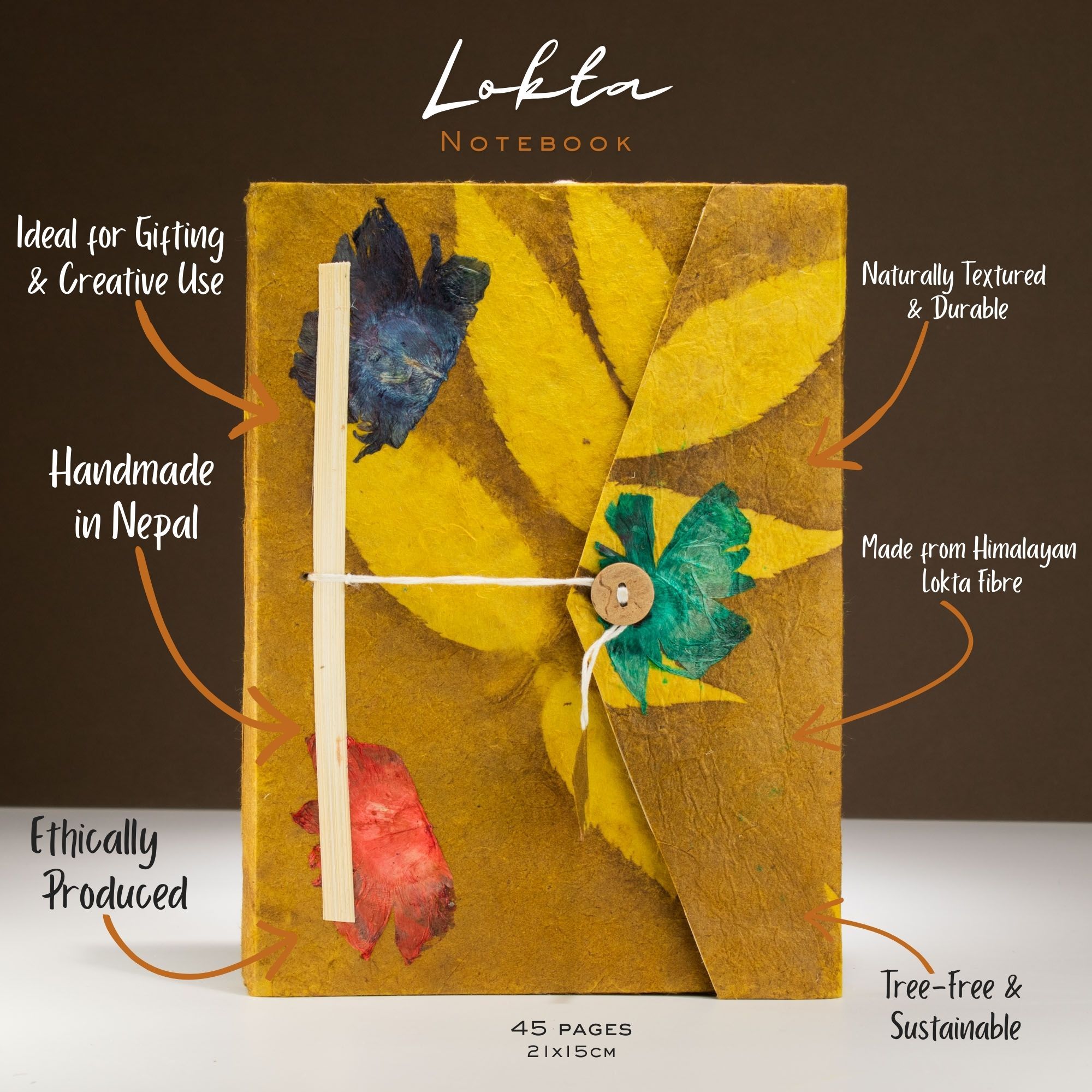 Lokta Bold Floral Notebook – Large (21x15cm) – 45 Leaves – Includes Bookmark – Mustard Brown - Image 3