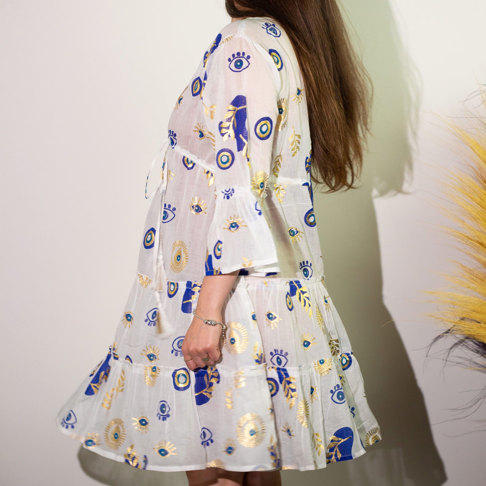 Nomad Sari Evil Eye Dress – White, Blue & Gold – Size L/XL - Image 3