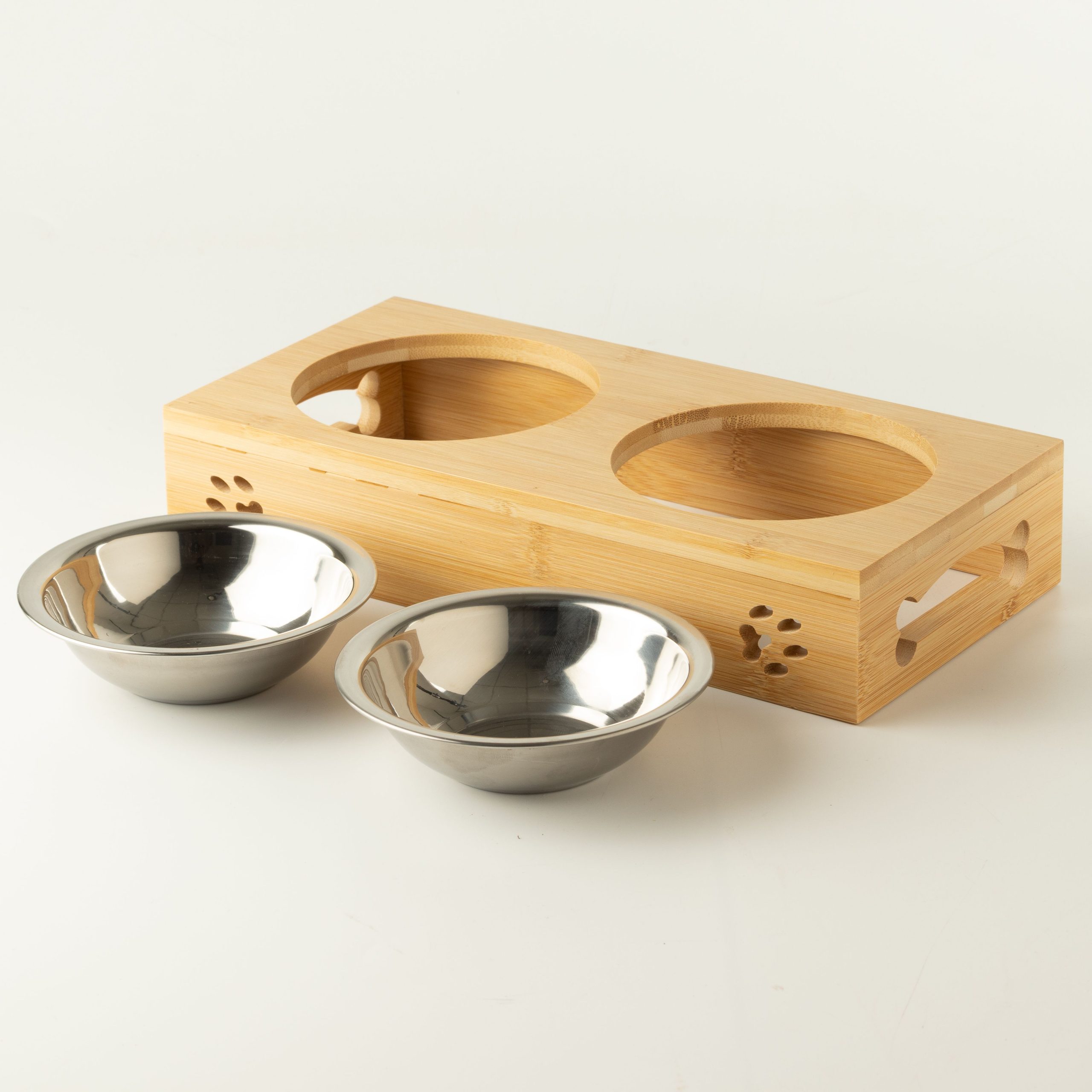 PAW Food Bowls - Double Stainless Steel in Wooden Stand - 2x12cm - Image 2