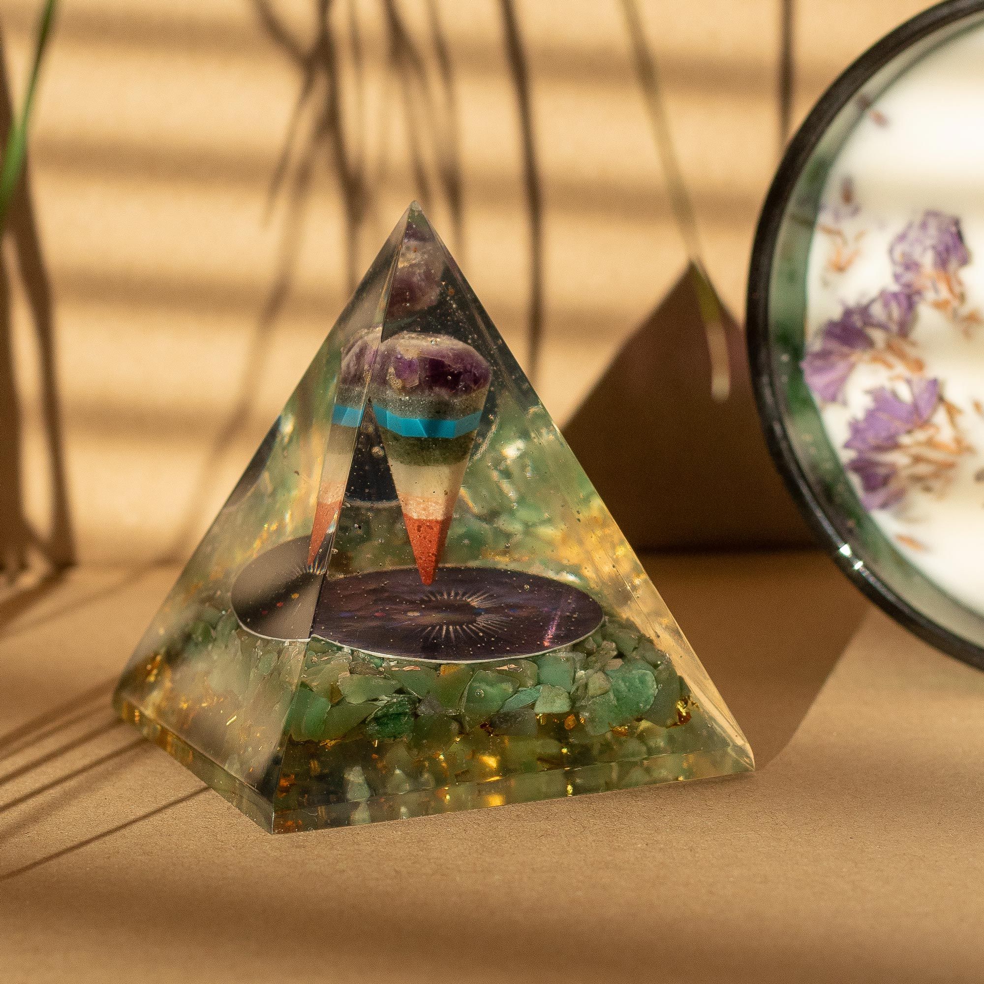 Med Organite Pryamids 7x6cm - Pendulum - Green Adventurine Chips - Image 2
