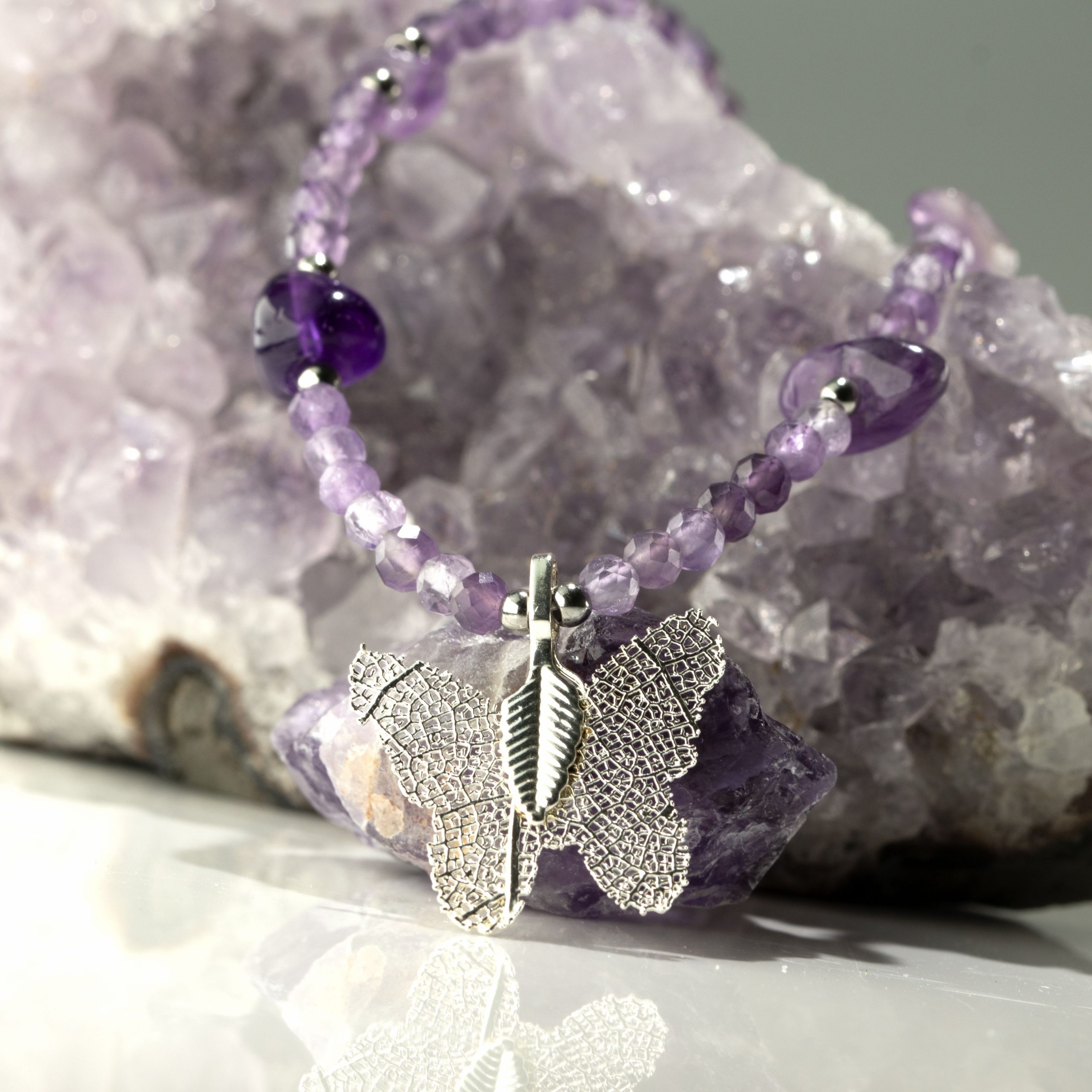 Nymph Amethyst Gemstone Necklace with Real Leaf Butterfly Pendant - Image 3