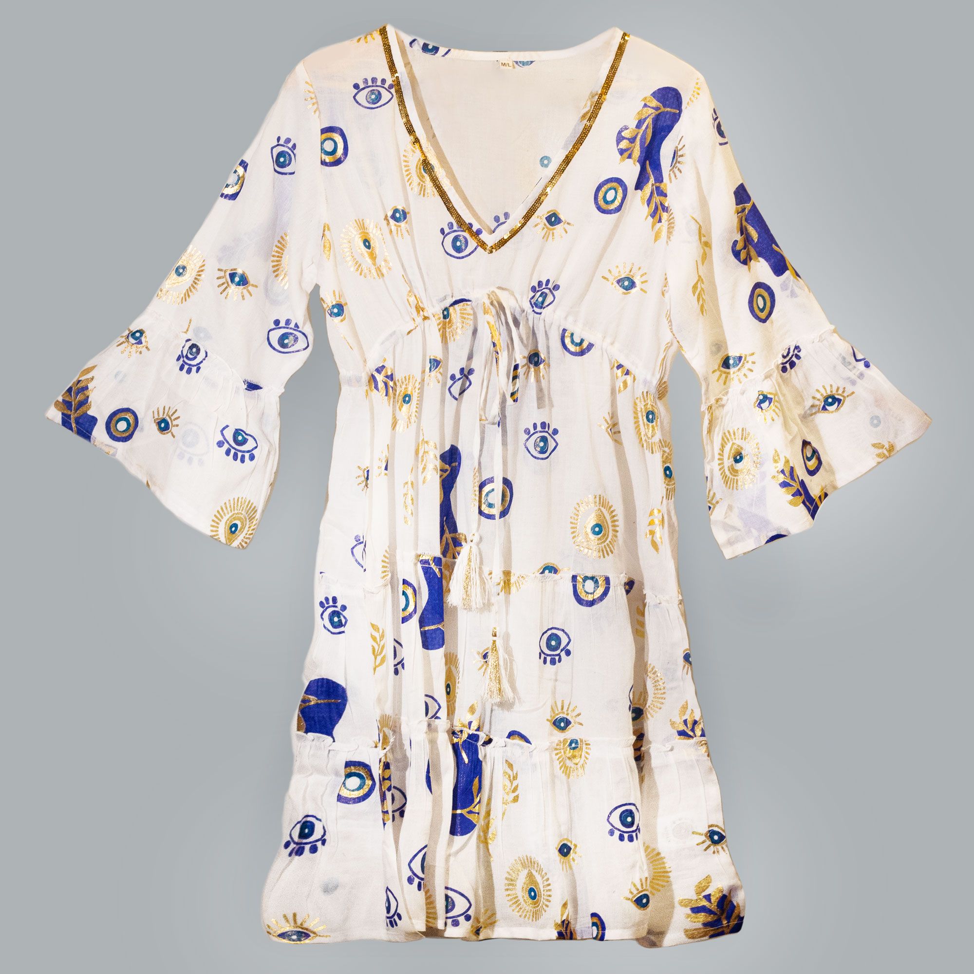 Nomad Sari Evil Eye Dress – White, Blue & Gold – Size L/XL - Image 4