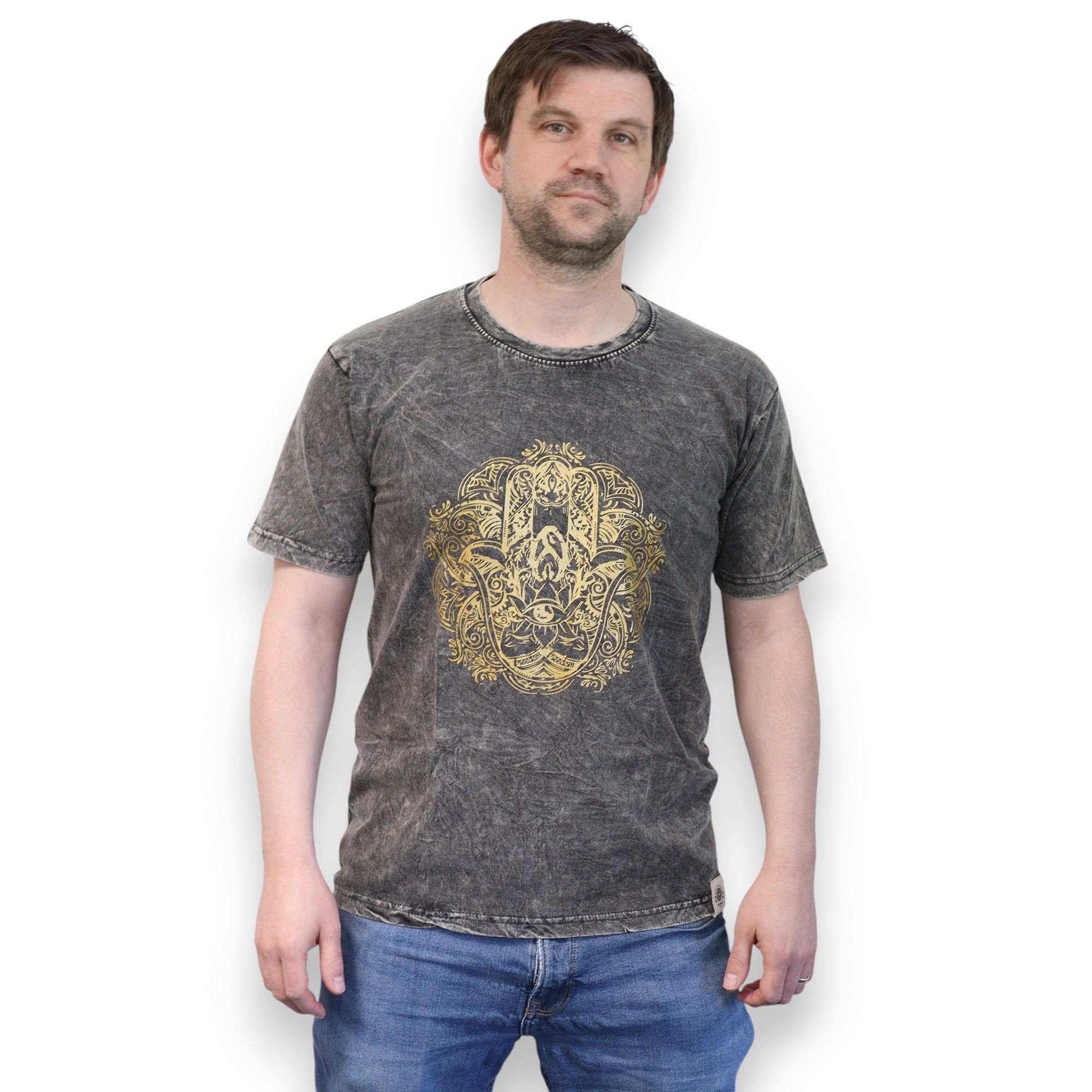Nomad Sari Stonewashed Cotton T-Shirt – Hamsa – Dark Grey – Medium - Image 2