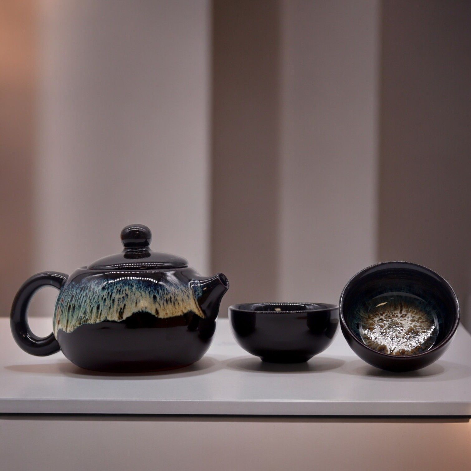 Herbal Black Glaze Teapot Set - Pot & Two Cups - Image 4
