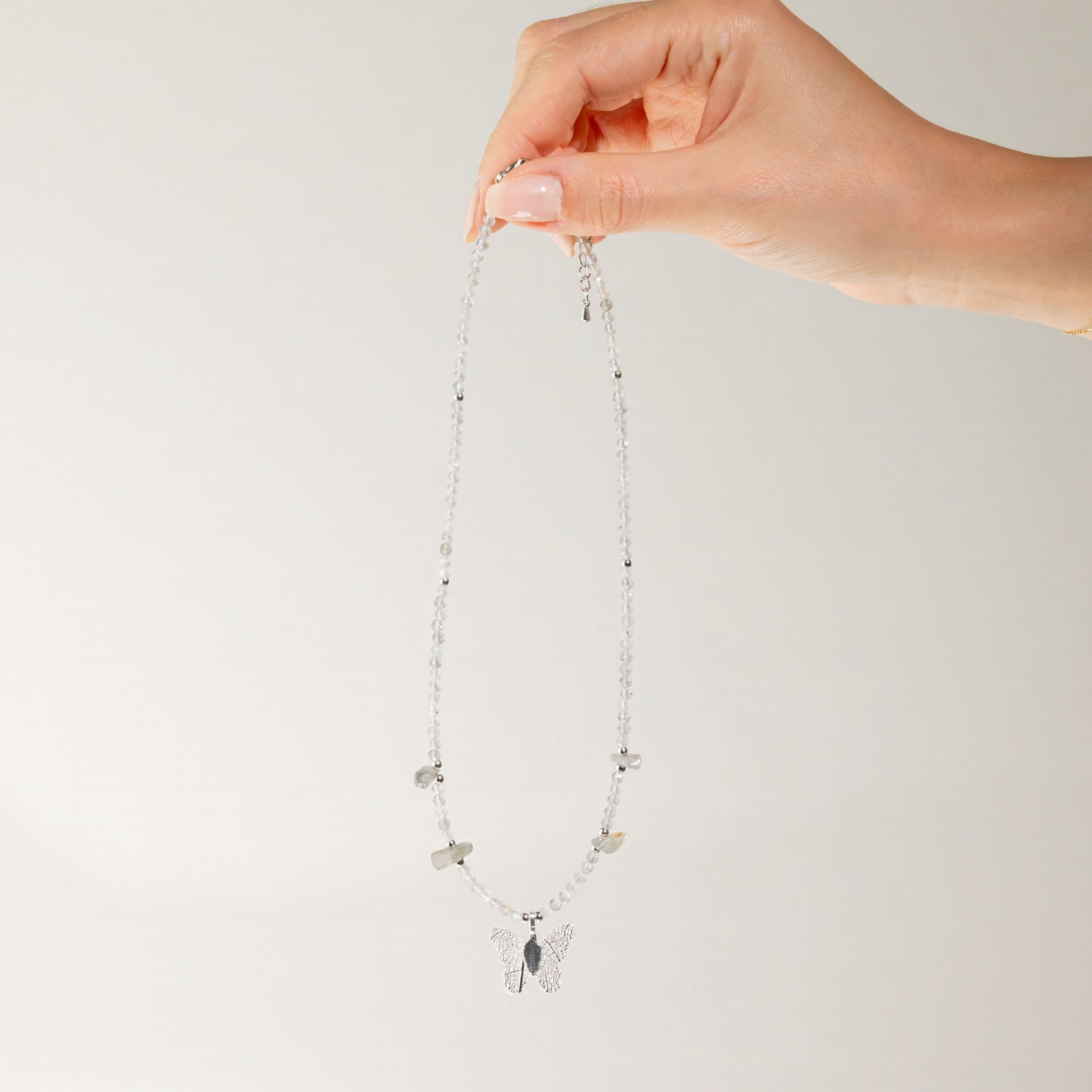Nymph Labradorite Gemstone Necklace with Real Leaf Butterfly Pendant - Image 5