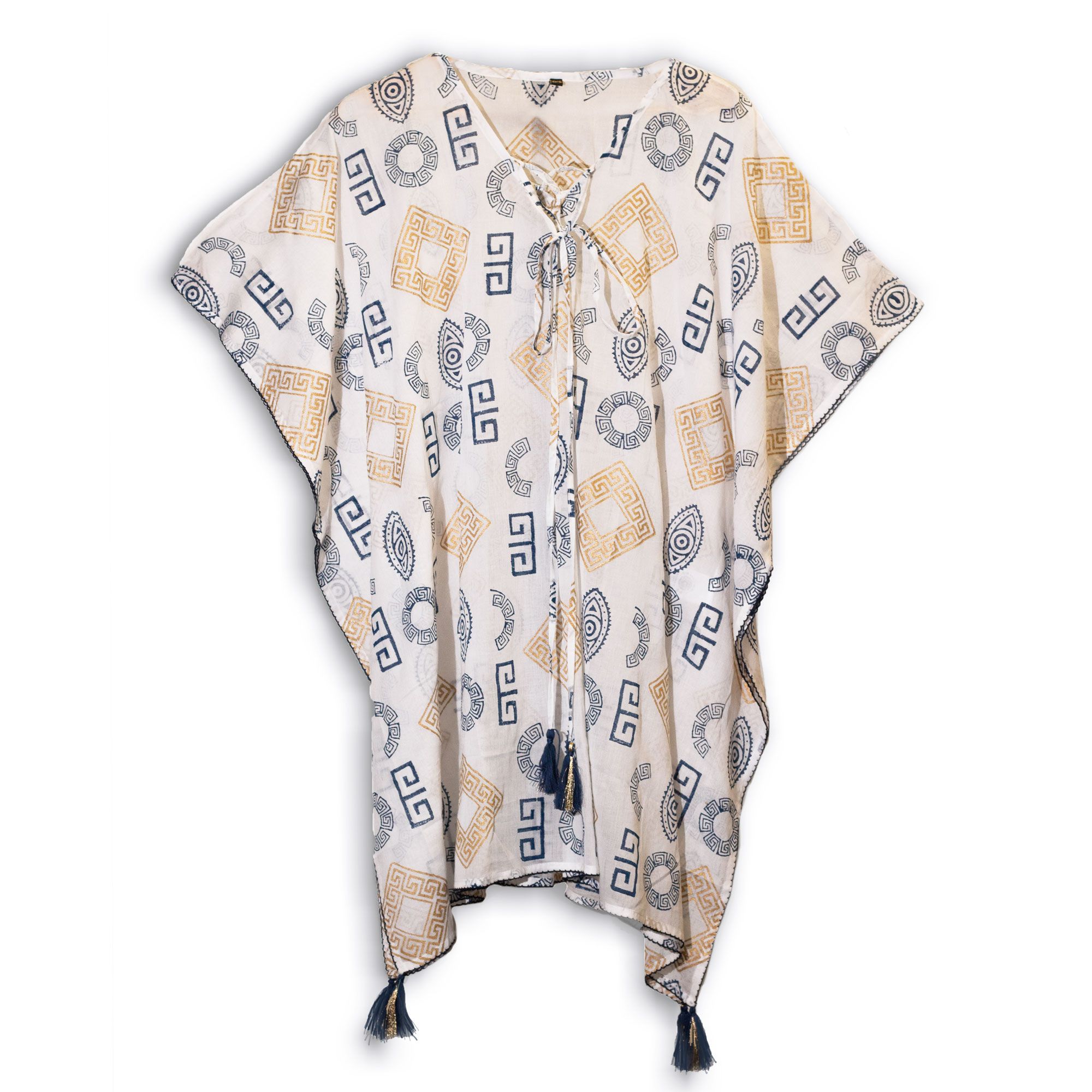 Nomad Sari Kaftan – Blue & Gold Greek Motif Print - Image 9