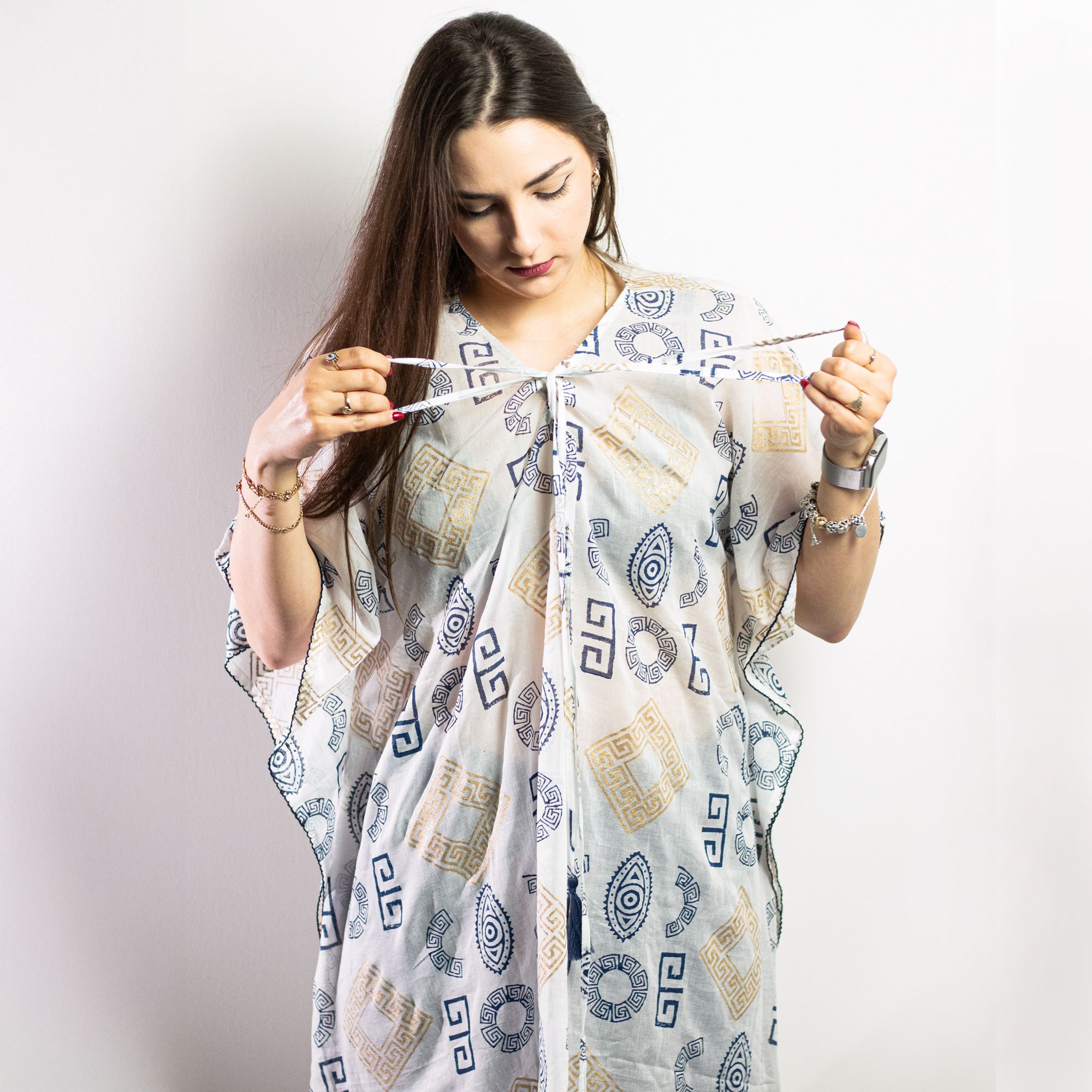 Nomad Sari Kaftan – Blue & Gold Greek Motif Print - Image 3