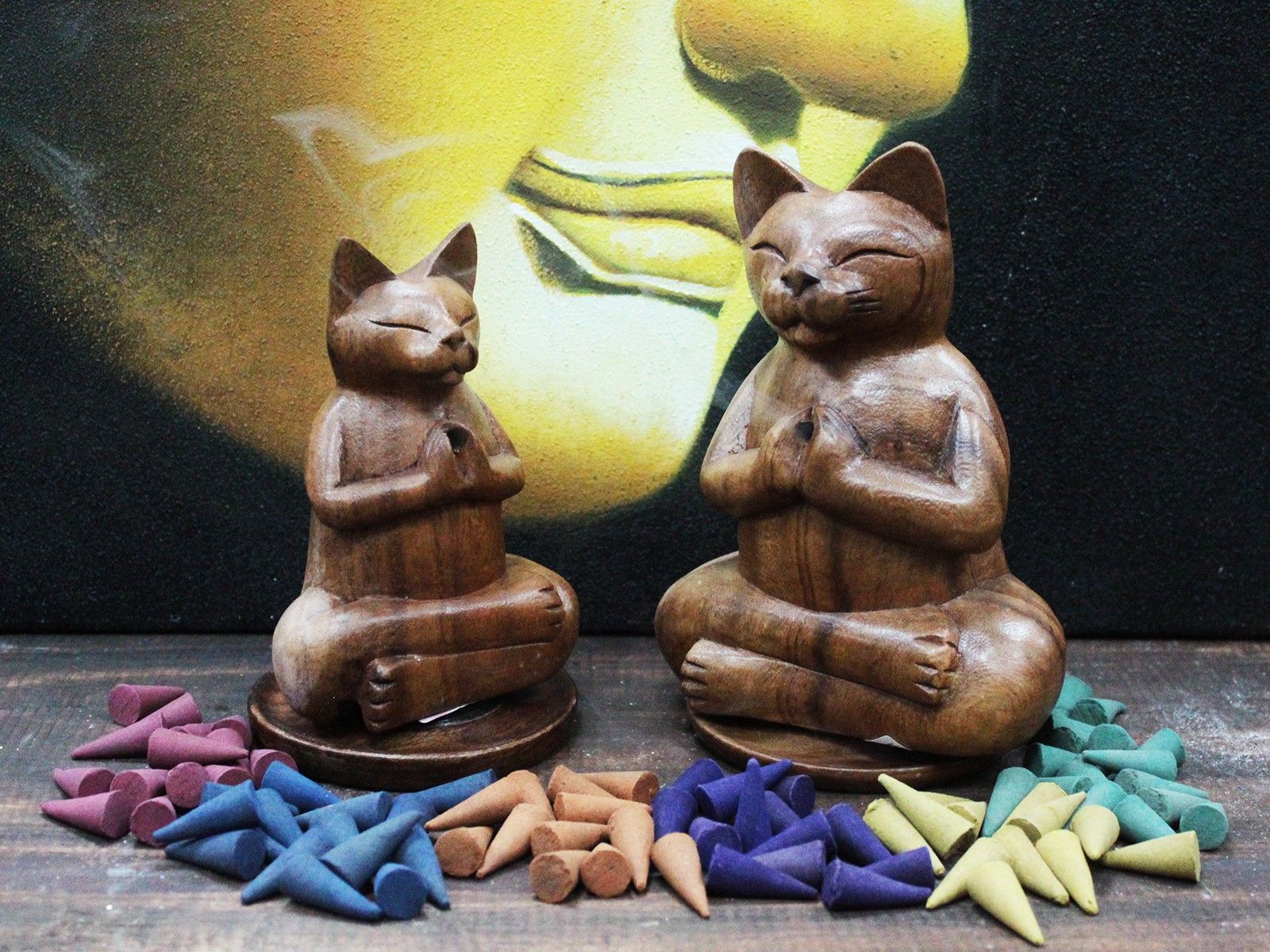 Wooden Carved Incense Burners - Med Yoga Cat - Image 3