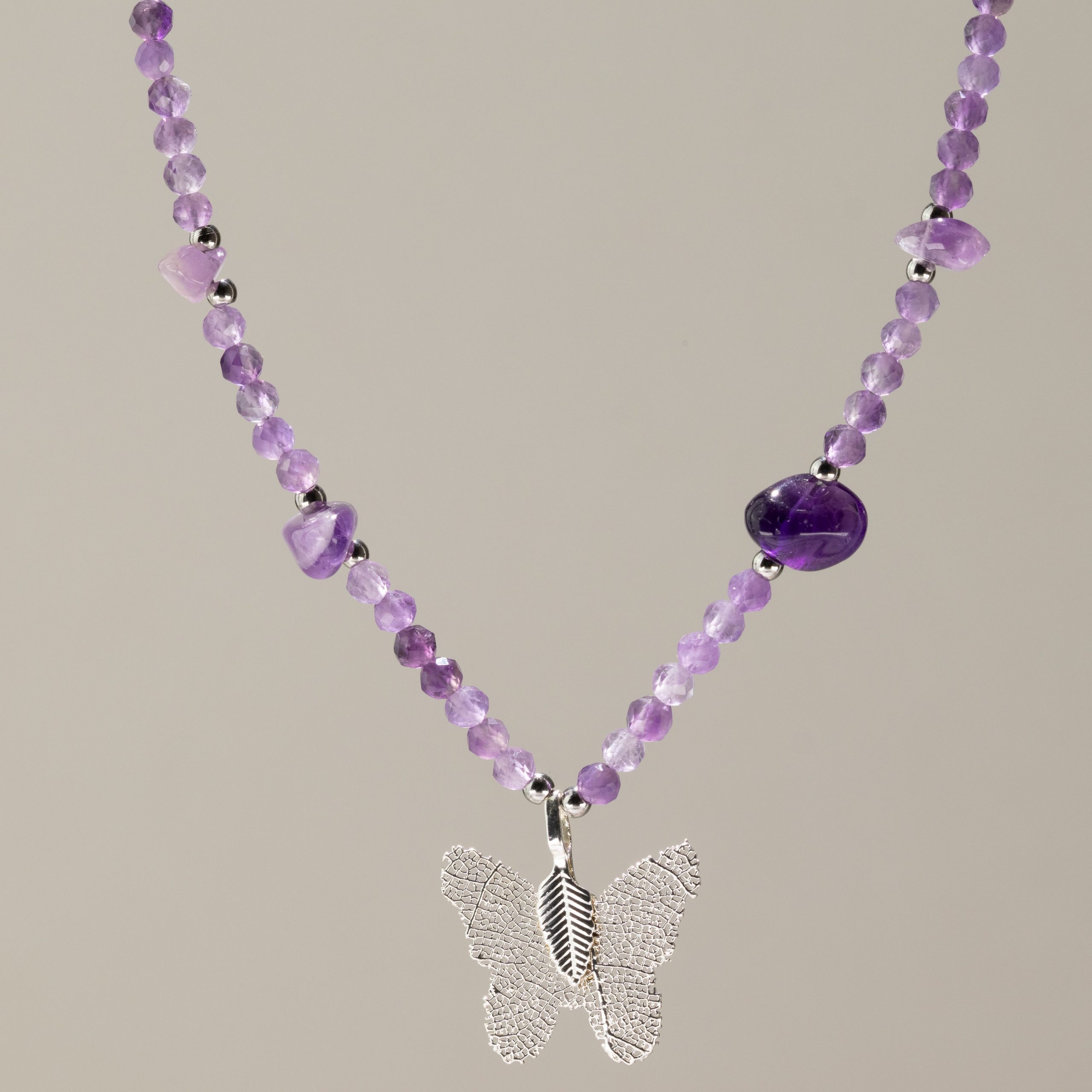 Nymph Amethyst Gemstone Necklace with Real Leaf Butterfly Pendant - Image 7