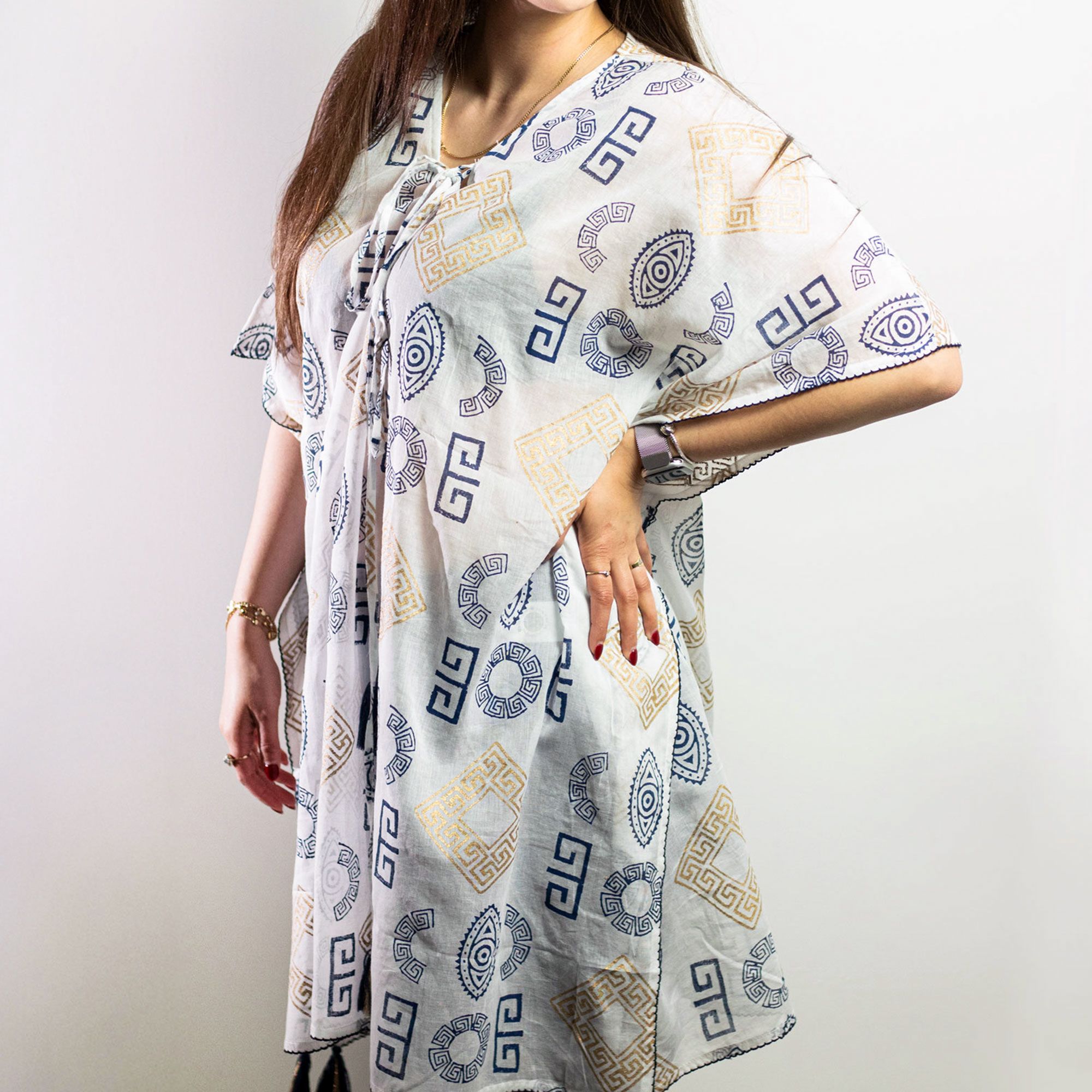 Nomad Sari Kaftan – Blue & Gold Greek Motif Print - Image 2
