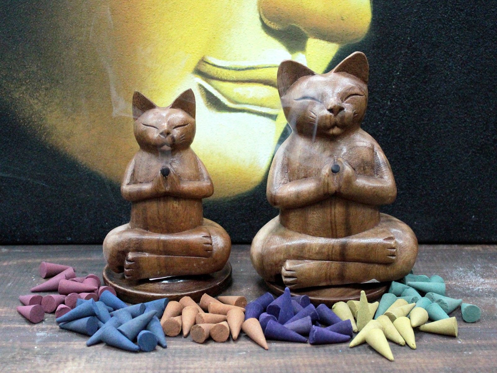 Wooden Carved Incense Burners - Med Yoga Cat - Image 2