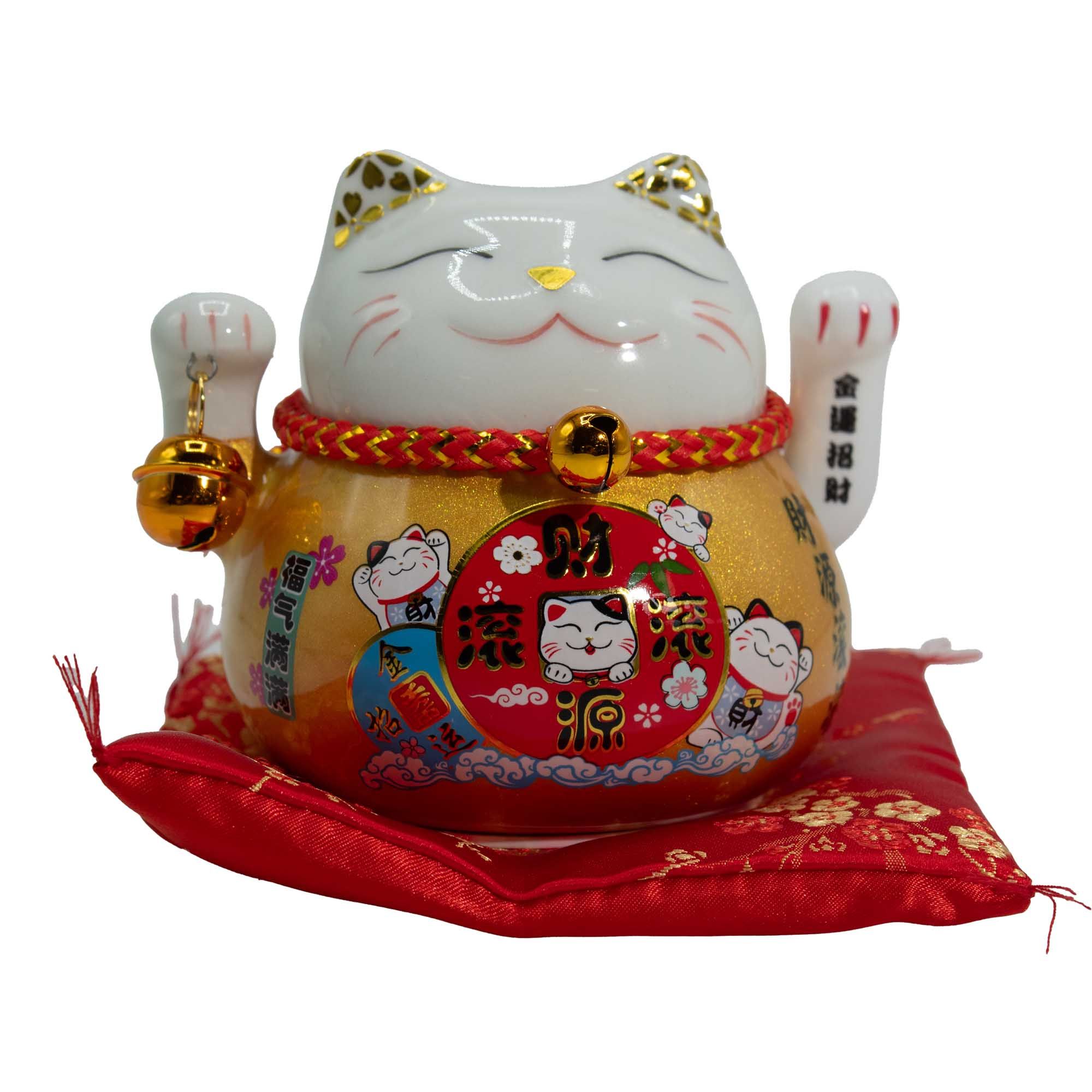 Ceramic Money Cat Moving Hand - Gold on Cushion - Image 2
