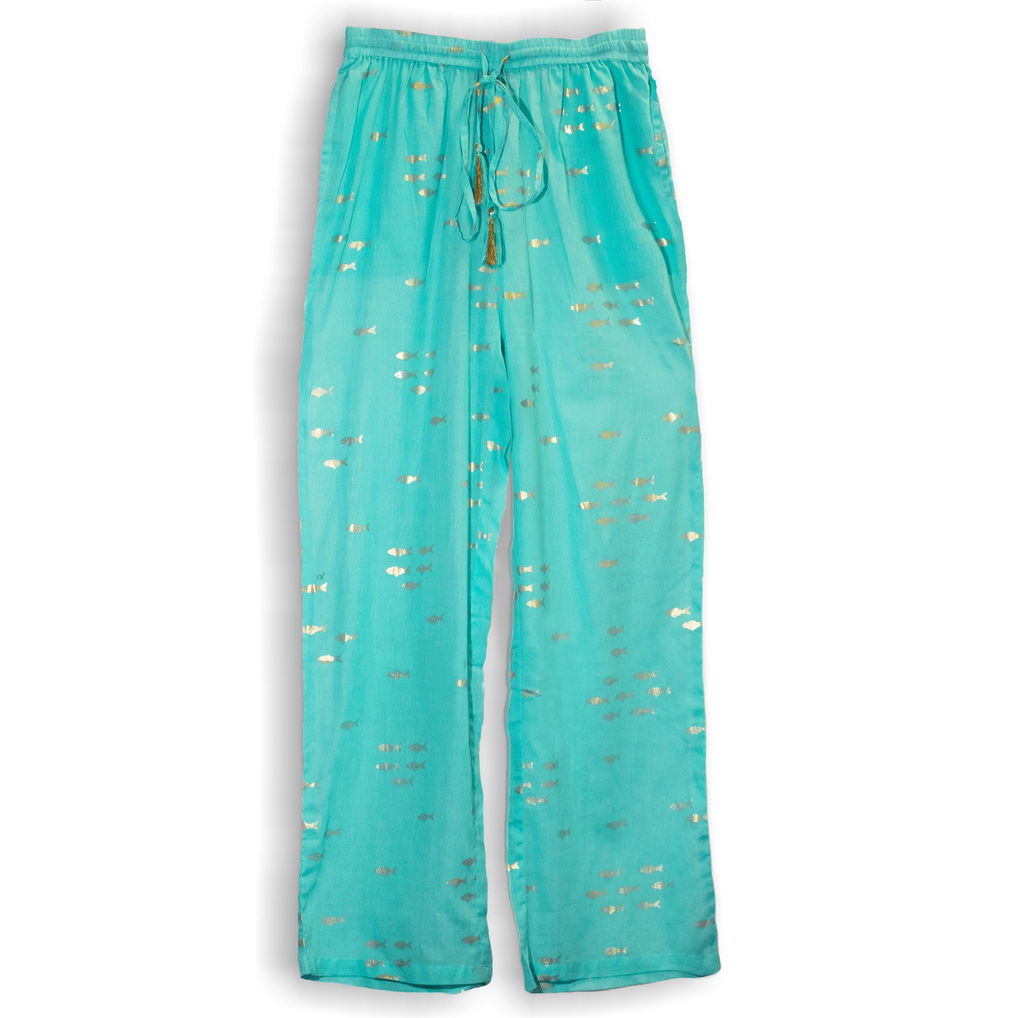 Nomad Sari Lounge Pants (M/L) – Turquoise with Hand-Painted Gold Fish Design - Image 4