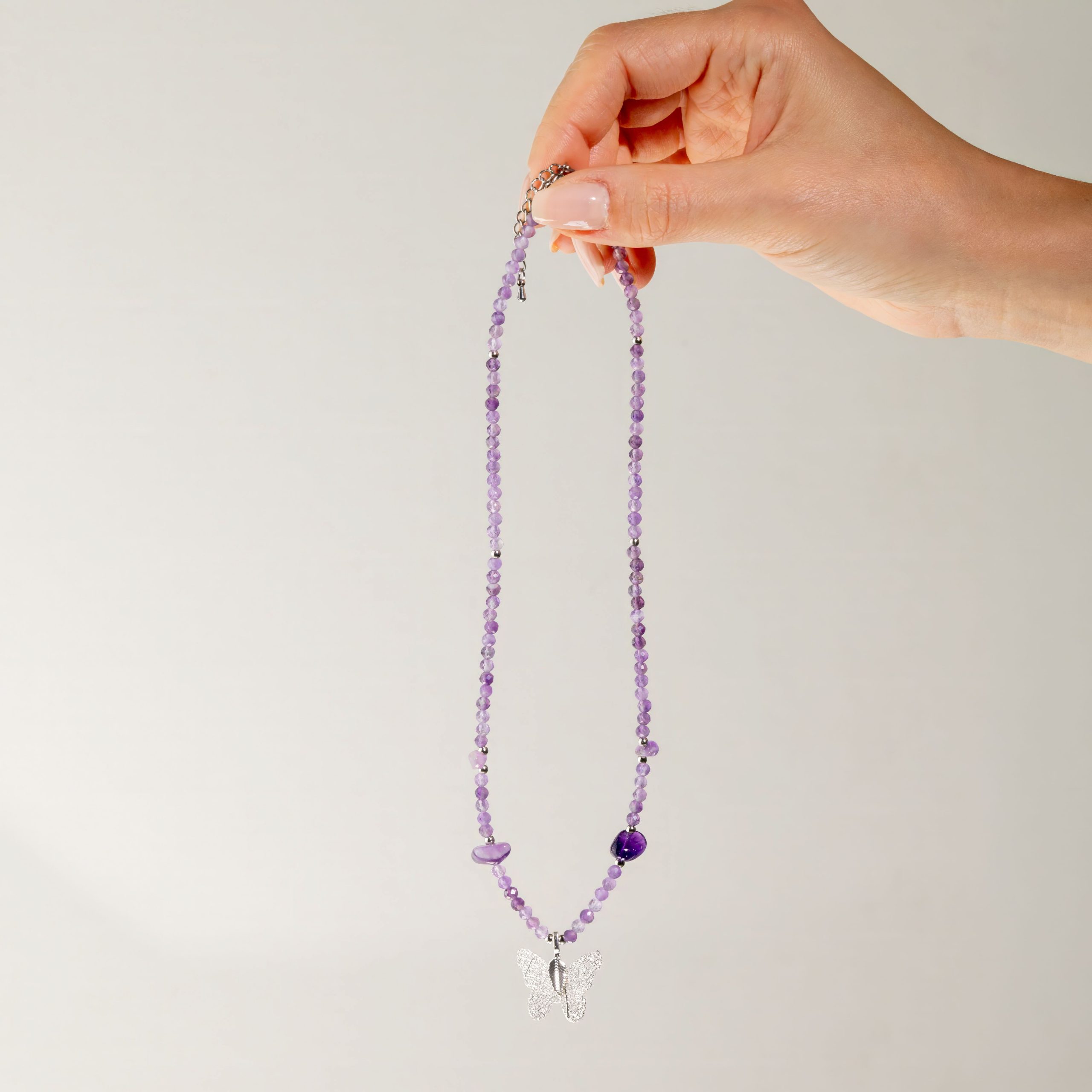 Nymph Amethyst Gemstone Necklace with Real Leaf Butterfly Pendant - Image 5