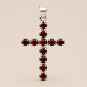 Indian Devotional Pendant - Silver Plated (45cm Chain)- Garnet Crucifix
