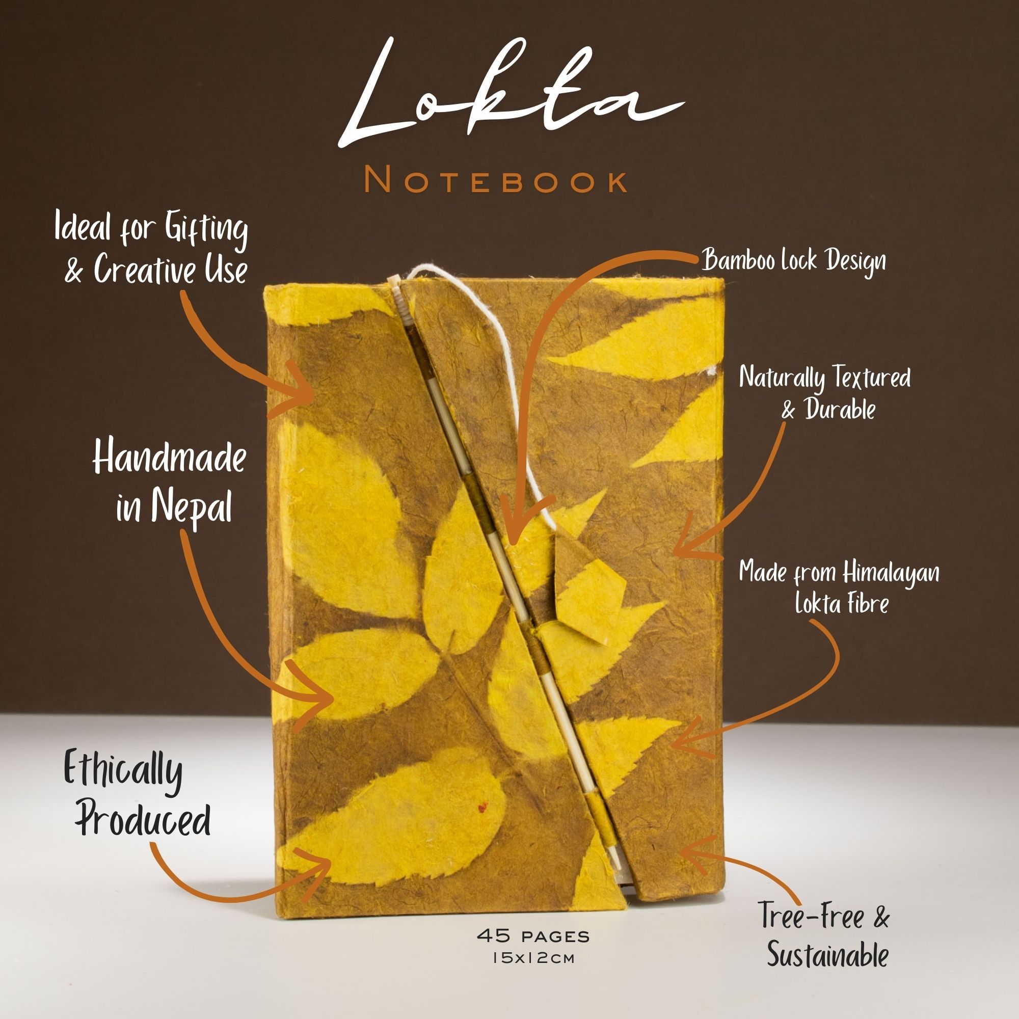 Lokta Bold Floral Bamboo Lock Notebook – Medium (15x12cm) – 45 Leaves – Mustard Brown - Image 2