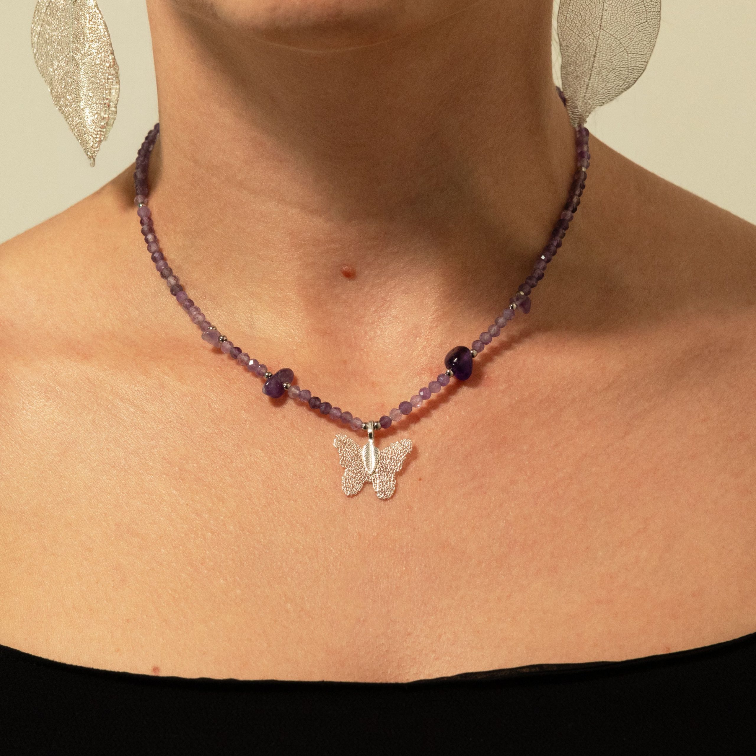 Nymph Amethyst Gemstone Necklace with Real Leaf Butterfly Pendant - Image 10