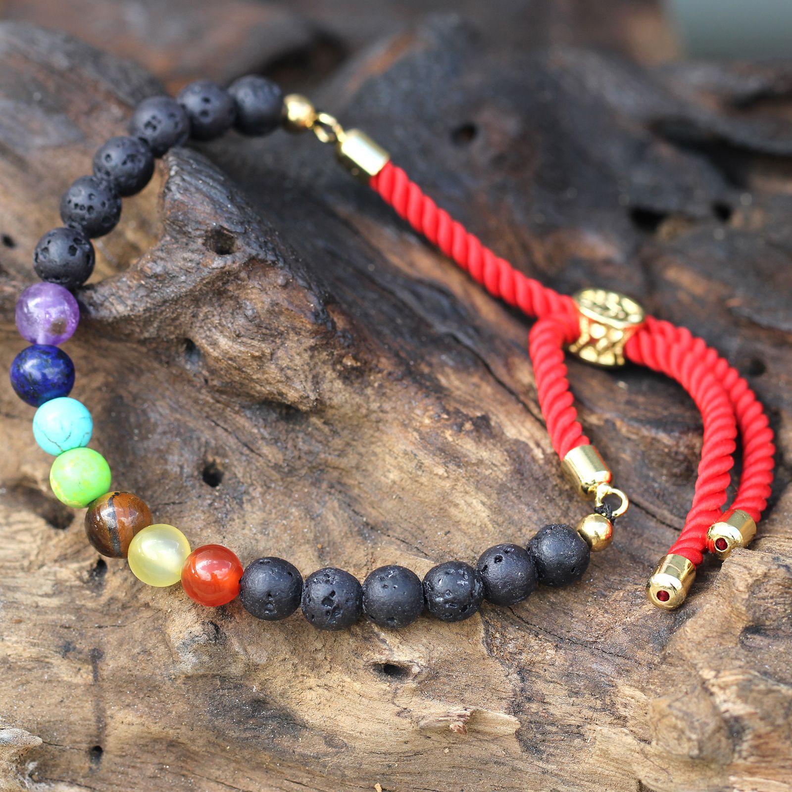 18K Gold Plated Gemstone Royal String Bracelet - Lava Stone Chakra - Image 3