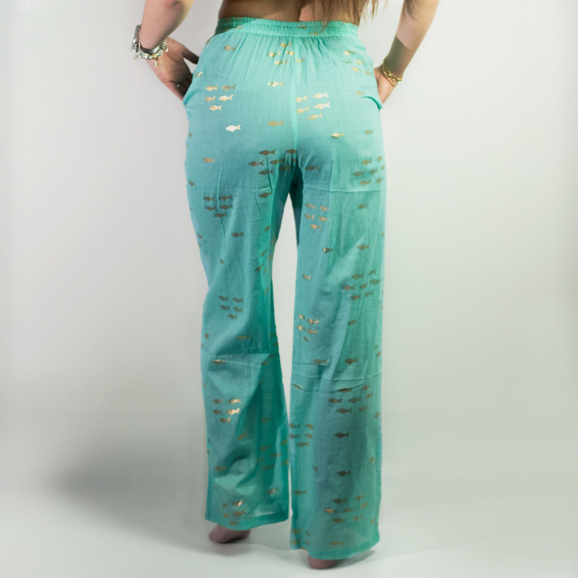 Nomad Sari Lounge Pants (M/L) – Turquoise with Hand-Painted Gold Fish Design - Image 5