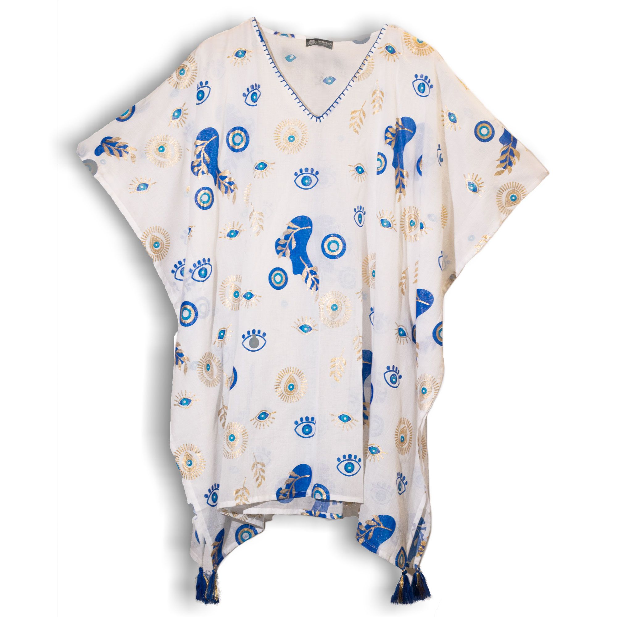 Nomad Sari Kaftan – White with Blue & Gold Evil Eye Print - Image 4