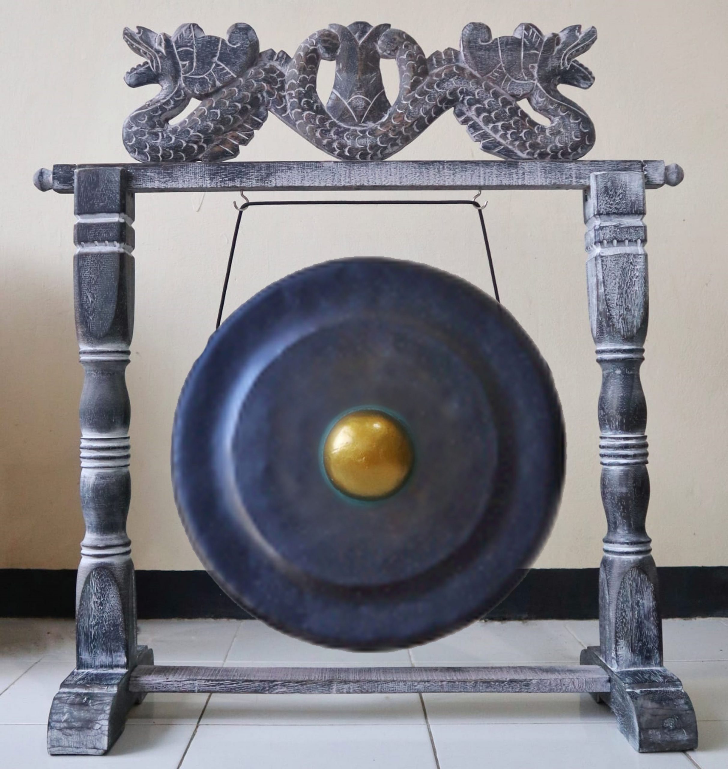 Large Gong in Brown Antique Stand - 80cm - Black - Image 4