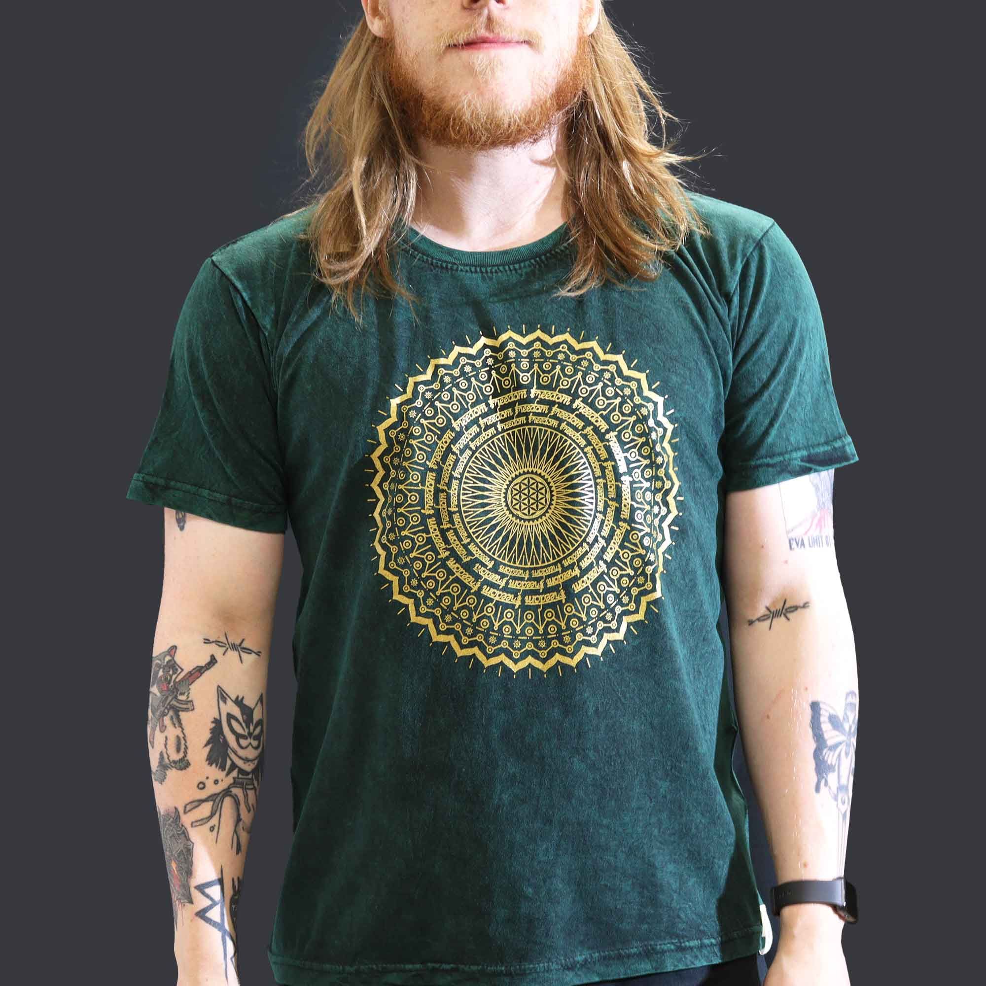 Nomad Sari Stonewashed Cotton T-Shirt – Mandala – Green – Large - Image 2