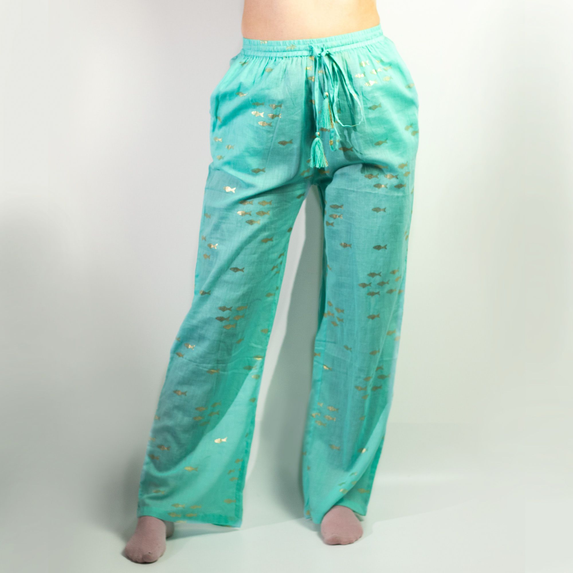 Nomad Sari Lounge Pants (L/XL) – Turquoise with Hand-Painted Gold Fish Design - Image 2