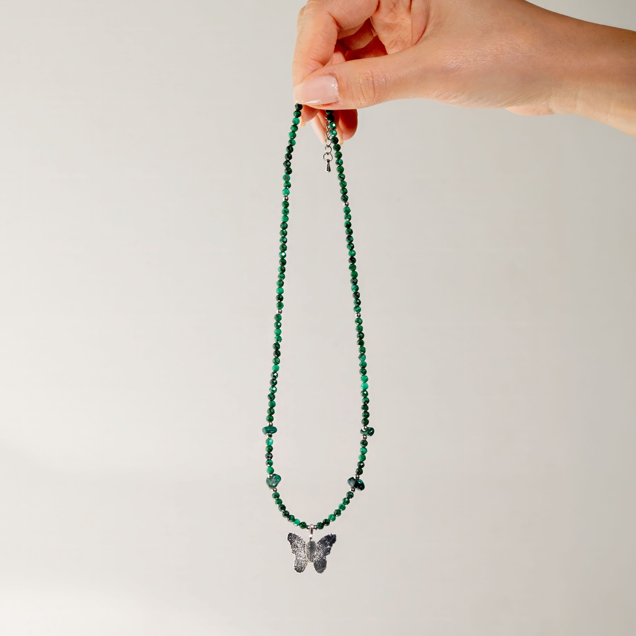 Nymph Malachite Gemstone Necklace with Real Leaf Butterfly Pendant - Image 5