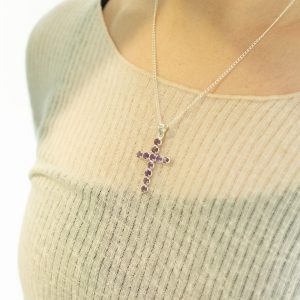 Indian Devotional Pendant - Silver Plated (45cm Chain)- Amethyst Crucifix
