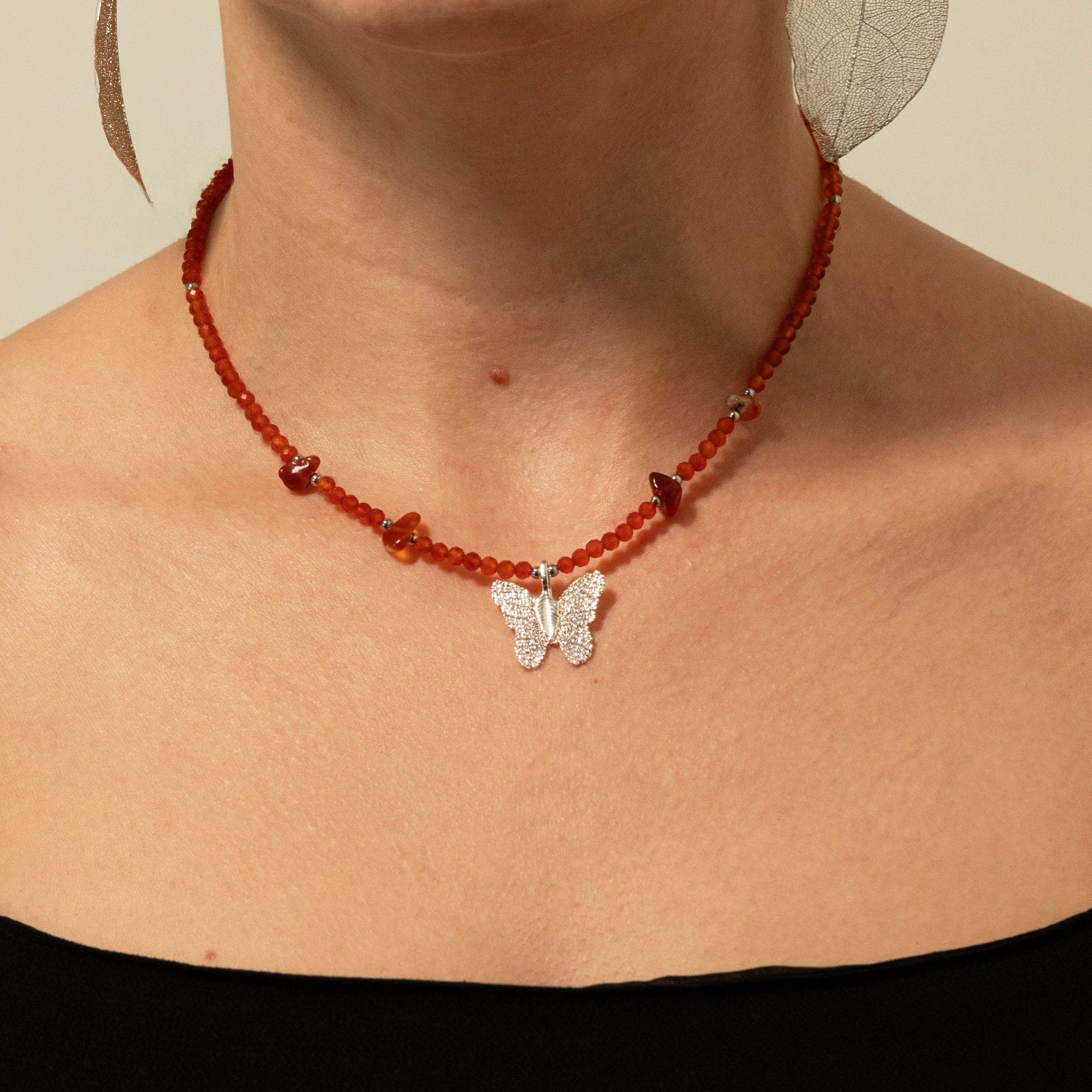 Nymph Ruby Gemstone Necklace with Real Leaf Butterfly Pendant - Image 9