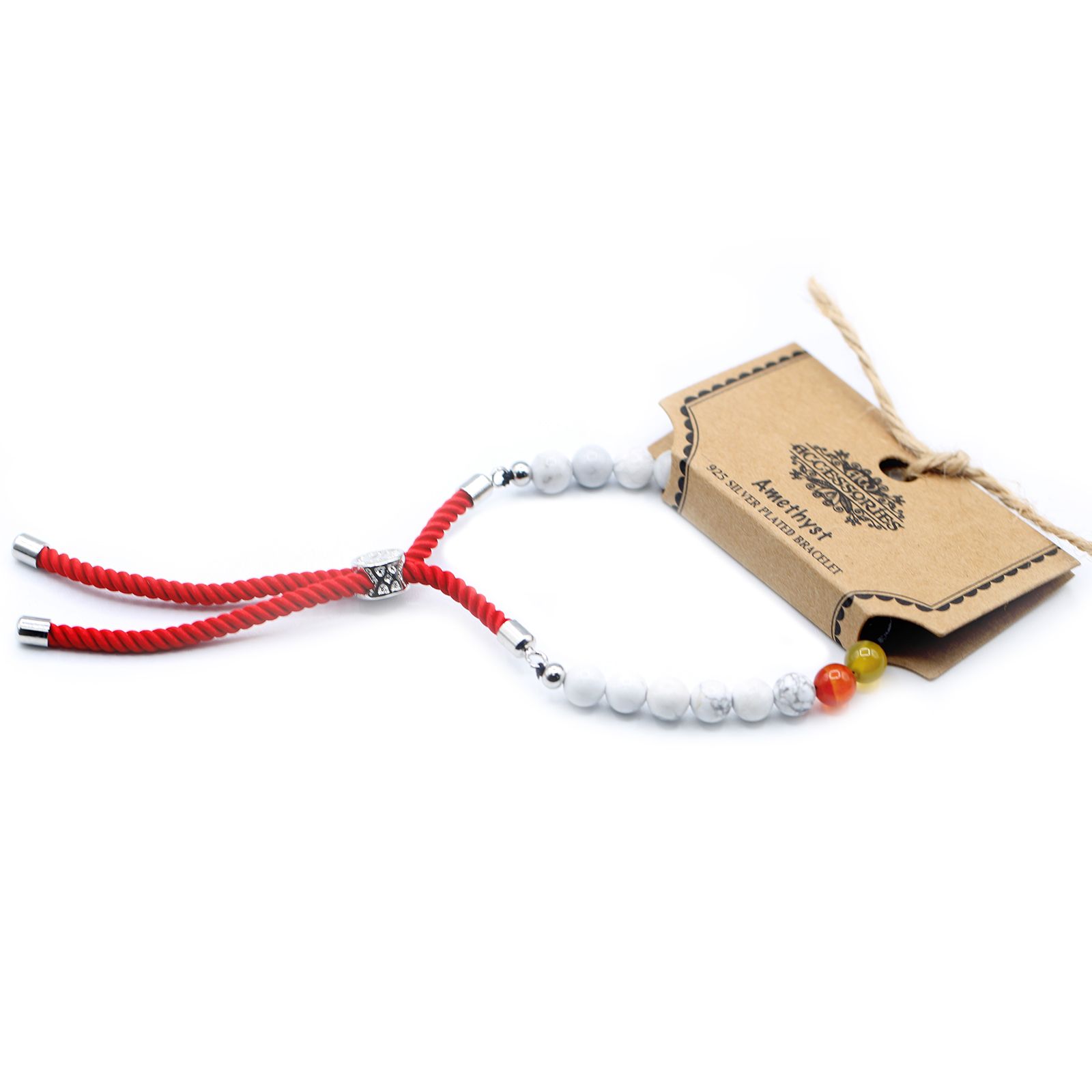 925 Silver Plated Gemstone Royal Red String Bracelet - White Howlite Chakra - Image 3