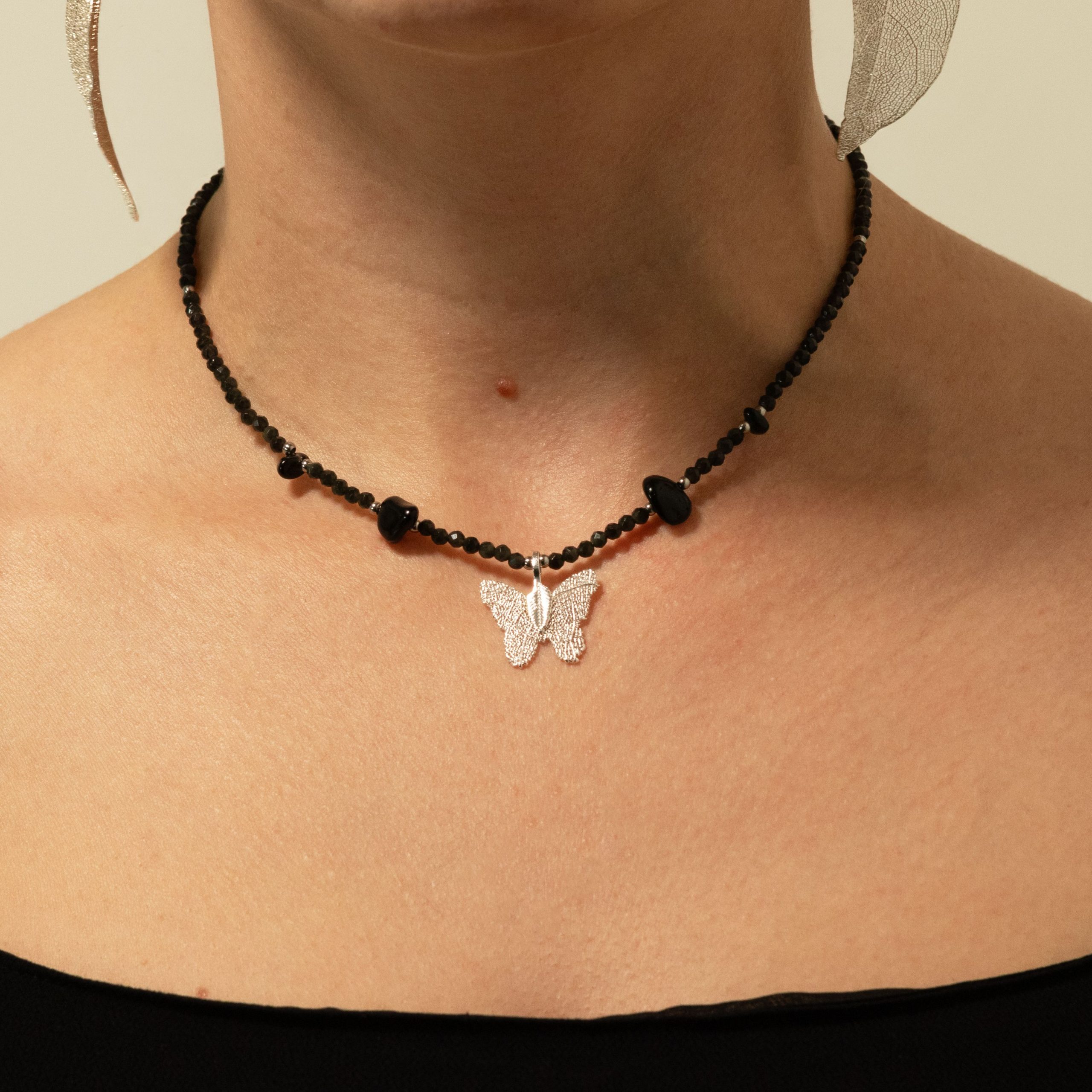 Nymph Black Obsidian Gemstone Necklace with Real Leaf Butterfly Pendant - Image 8
