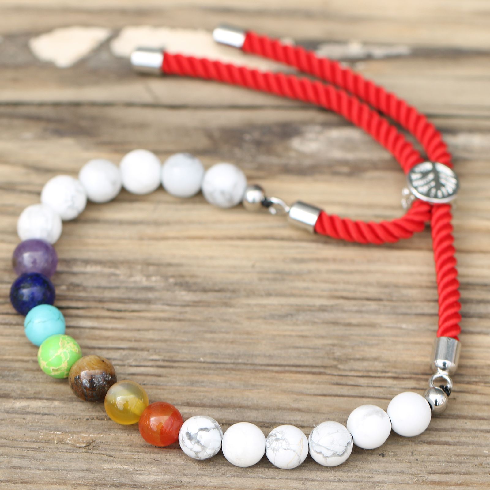 925 Silver Plated Gemstone Royal Red String Bracelet - White Howlite Chakra - Image 2