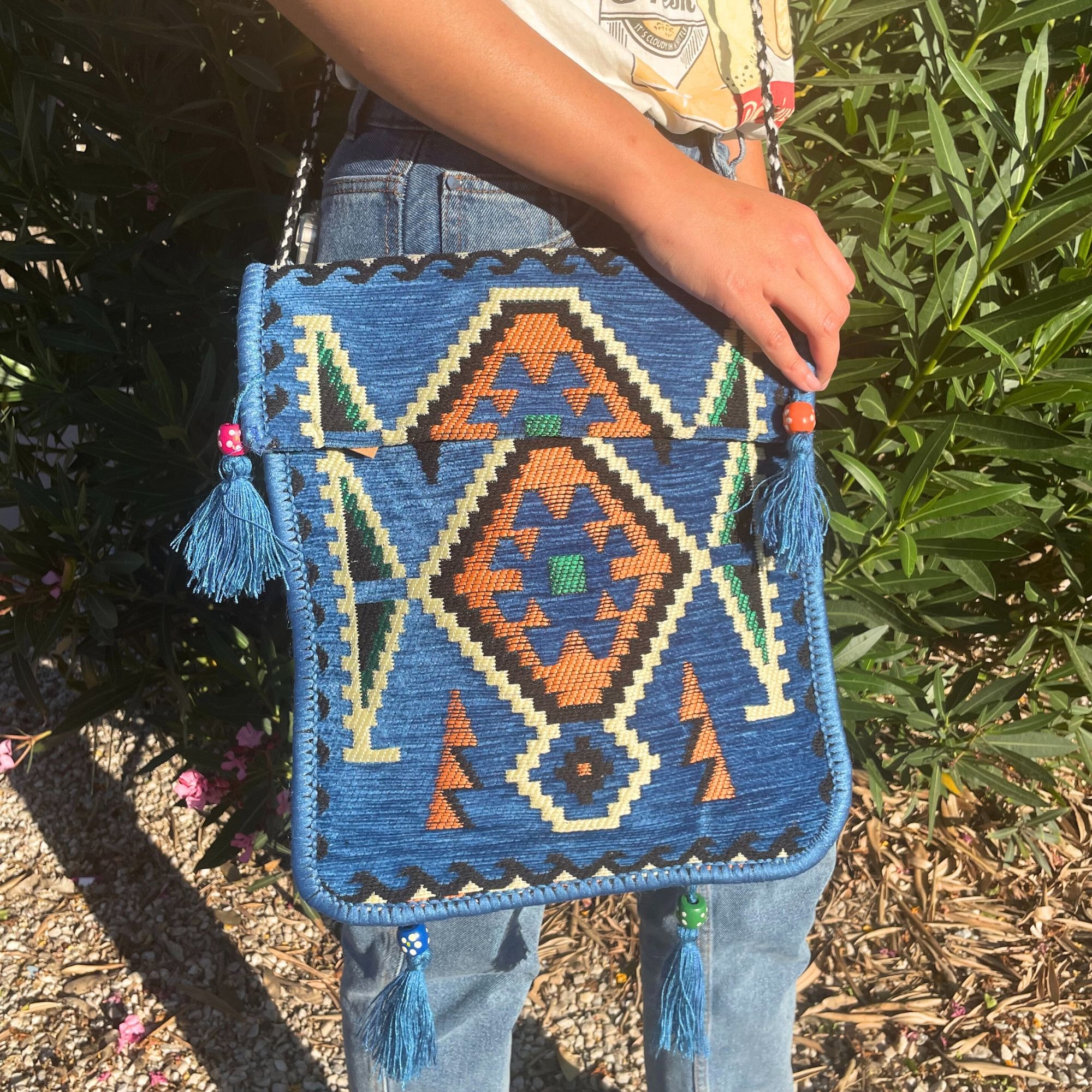 Sky Blue Kilim Messenger Festival Bag - Image 3