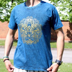 Nomad Sari Stonewashed Cotton T-Shirt – Hamsa – Blue – Medium